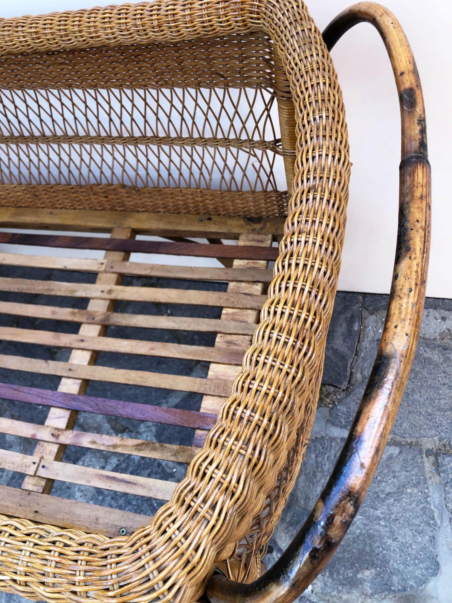 Folk Art 1940 Italian Hand-Woven Wicker Crib, Wooden Wheels, with Original Cover