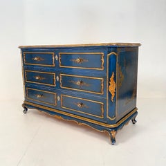 1940 Italian Louis XV Style Blue and Gold Chinoiserie Commode / Chest of Drawers