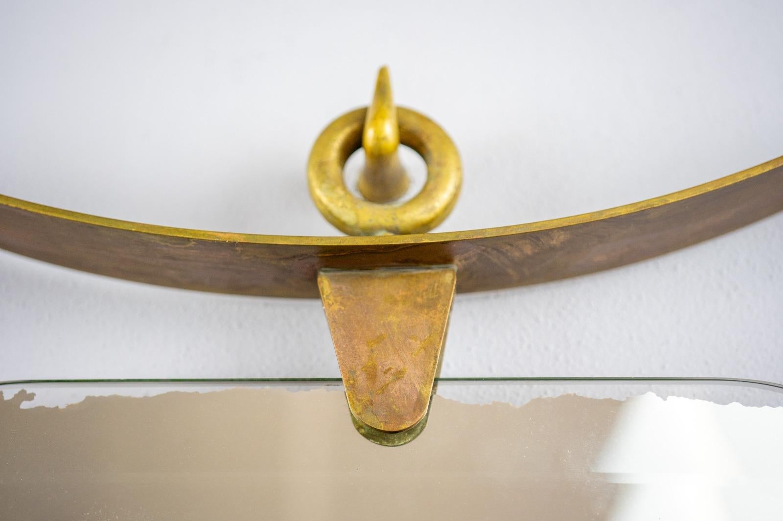 1940 Italian Mirror in Brass and Patina with Hook in Cast Bronze In Good Condition In Medesano, Parma