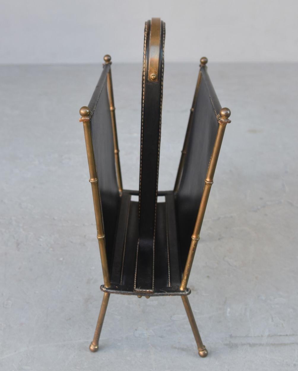 French 1940 Jacques Adnet Magazine Stand in Brass and Stitched Leather