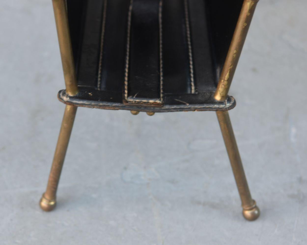 Mid-20th Century 1940 Jacques Adnet Magazine Stand in Brass and Stitched Leather