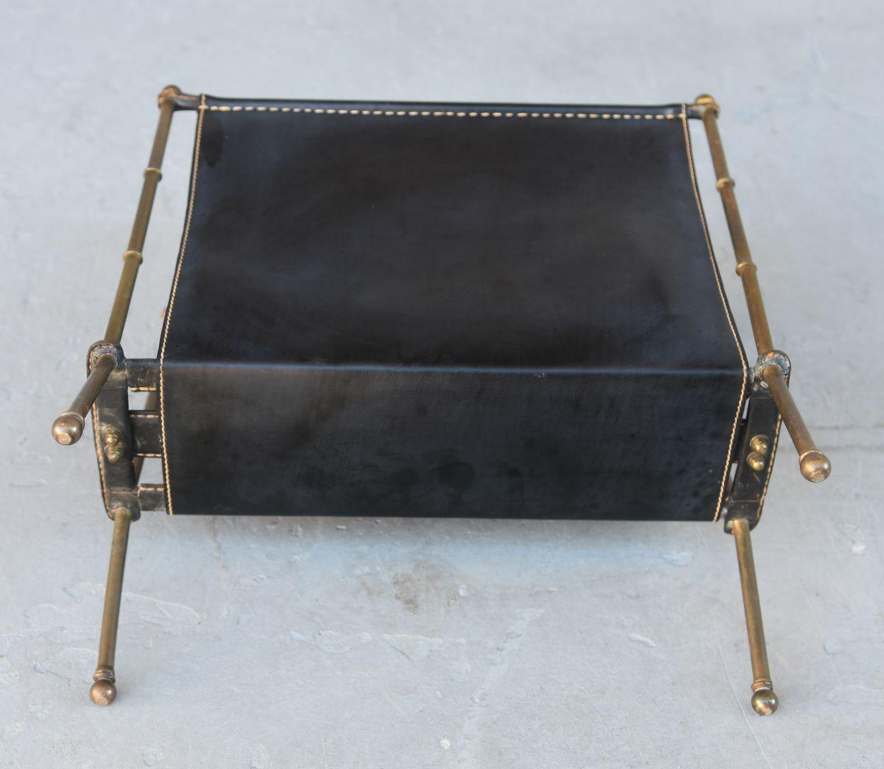 1940 Jacques Adnet Magazine Stand in Brass and Stitched Leather 3