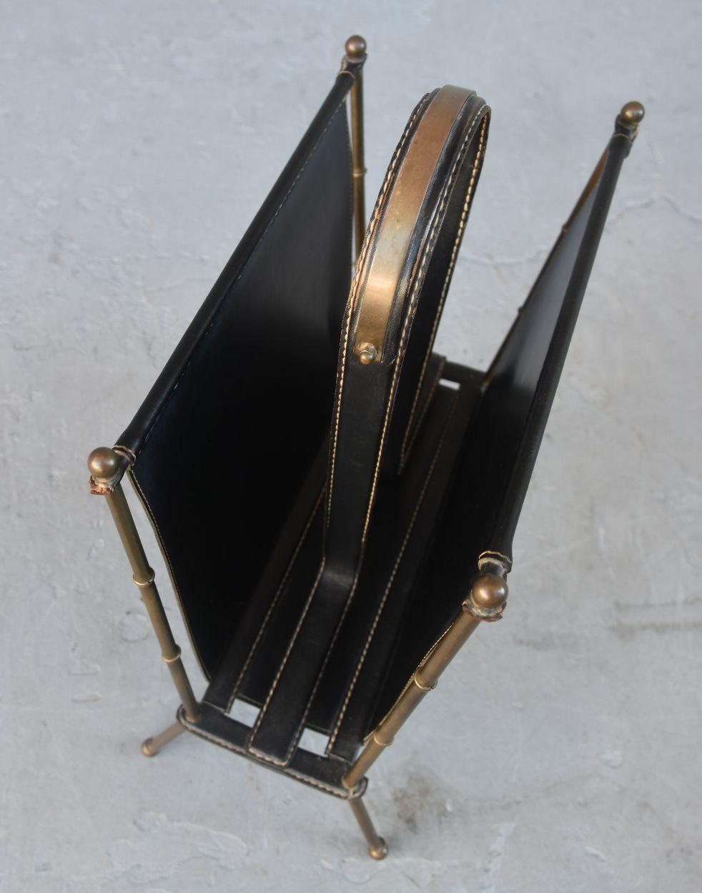 1940 Jacques Adnet Magazine Stand in Brass and Stitched Leather 4