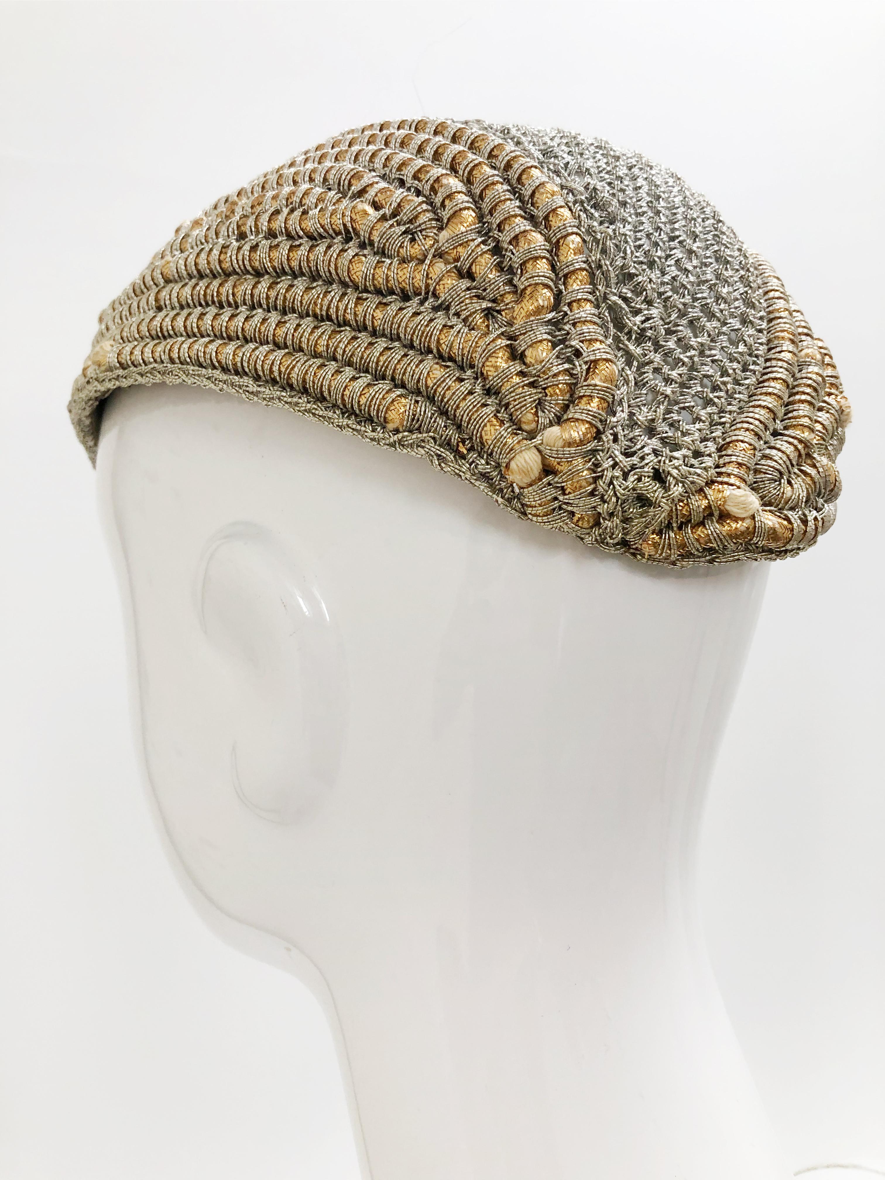 1940s John Frederics custom designed crochet metallic silver and gold cord hat with openwork at crown. This close fitting evening hat is quite unusual! Size Medium. 