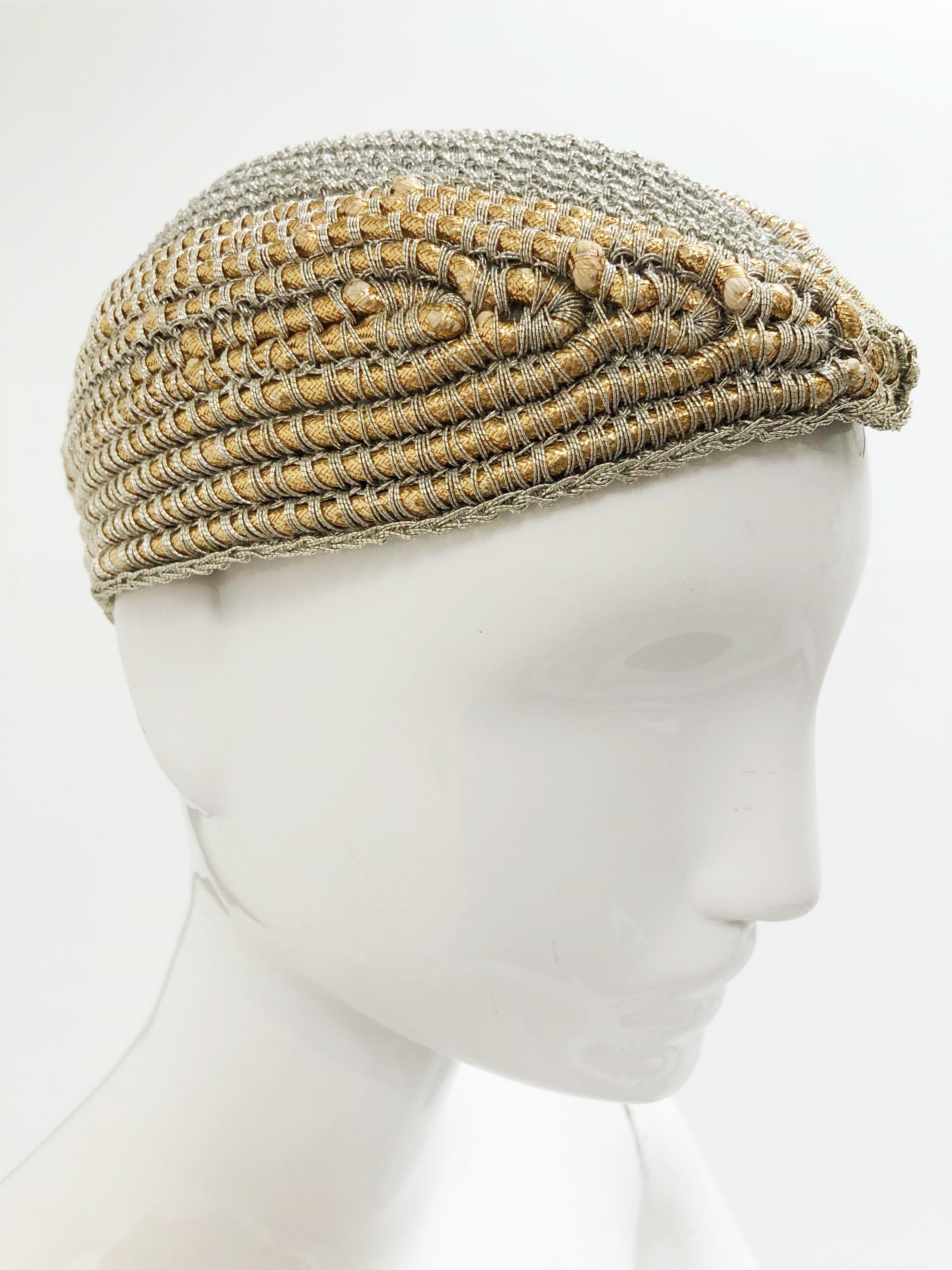 Beige 1940 John Frederics Custom Design Woven Silver & Gold Metallic Evening Hat  For Sale