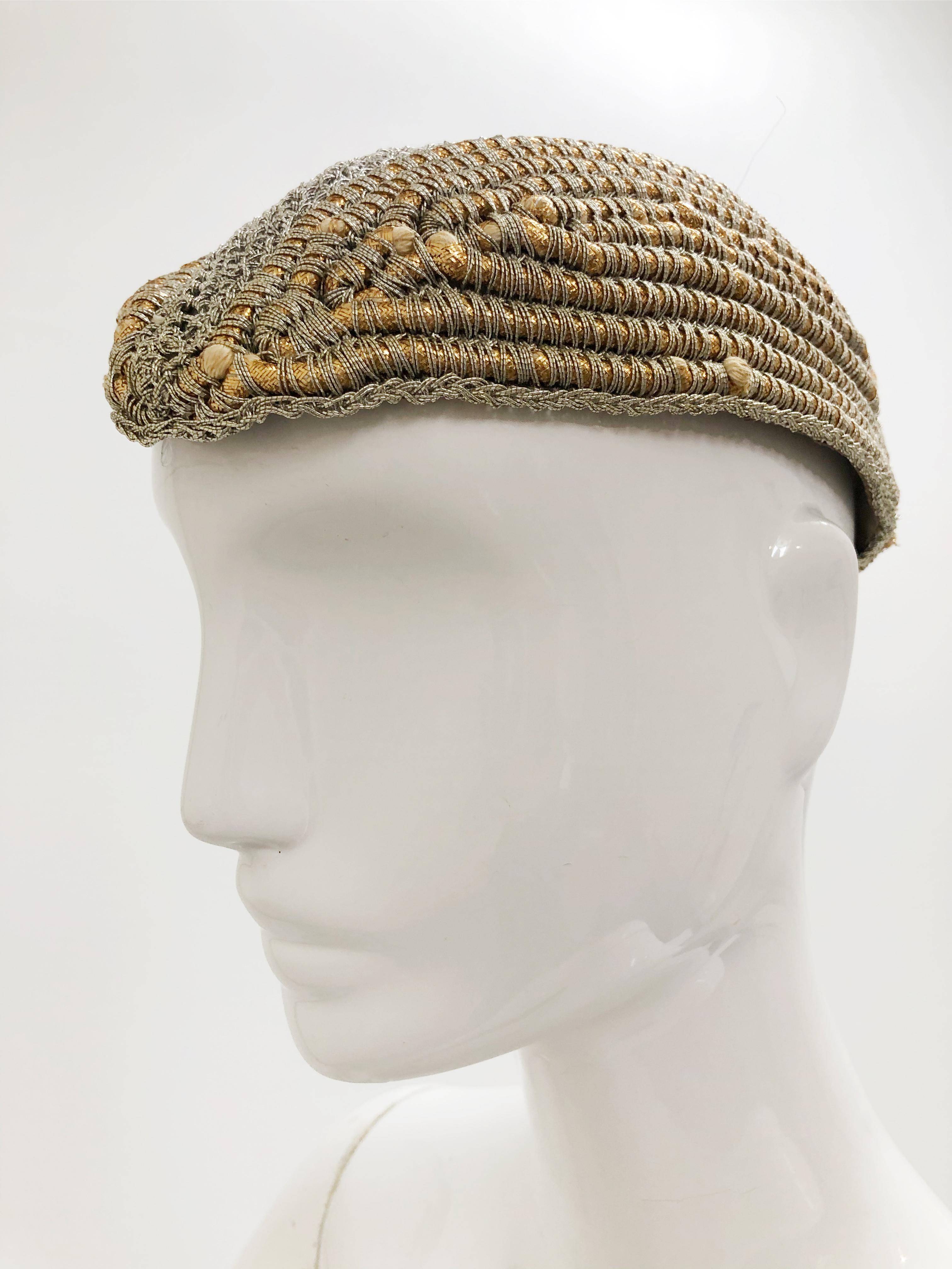 1940 John Frederics Custom Design Woven Silver & Gold Metallic Evening Hat  In Excellent Condition For Sale In Gresham, OR