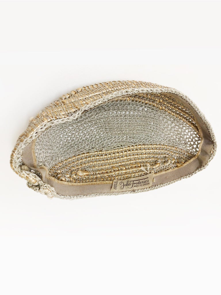 Women's 1940 John Frederics Custom Design Woven Silver & Gold Metallic Evening Hat  For Sale