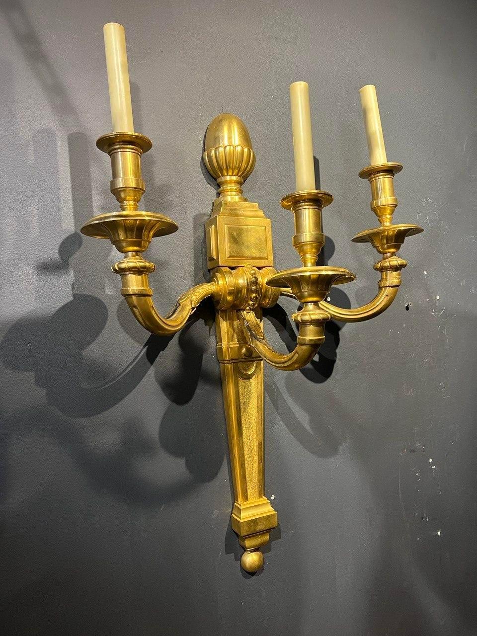 Mid-20th Century 1940 Large French Gilt Bronze Three lights Sconces For Sale