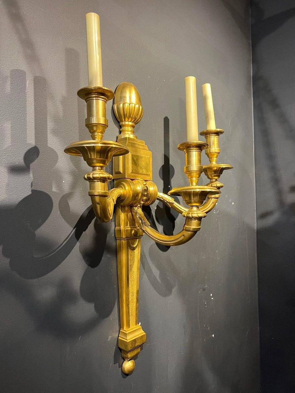 1940 Large French Gilt Bronze Three lights Sconces For Sale 1