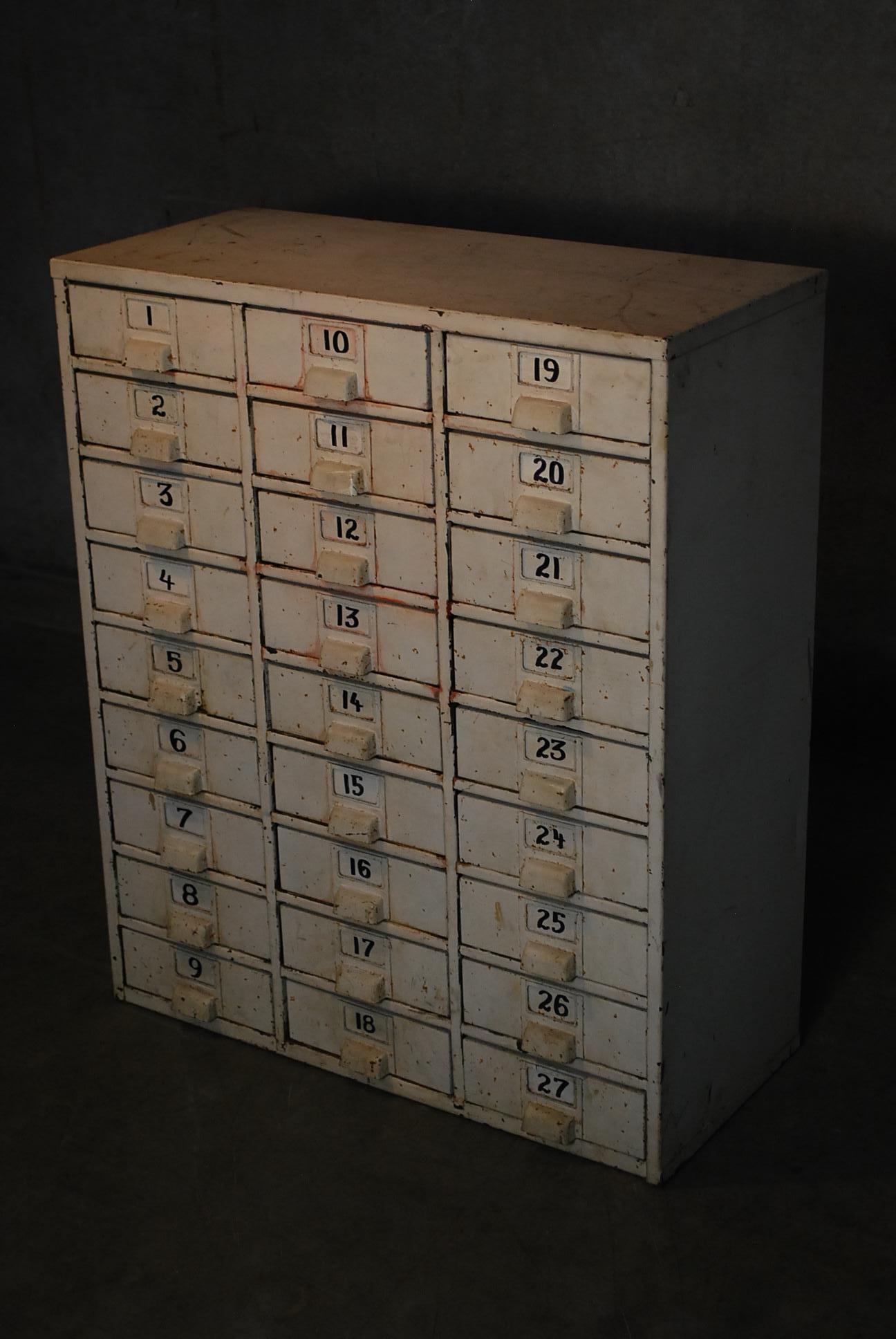 As found with hand painted details, authentic industrial cabinet with numbers and fully functional drawers.
Found in a factory outside Seattle.
 