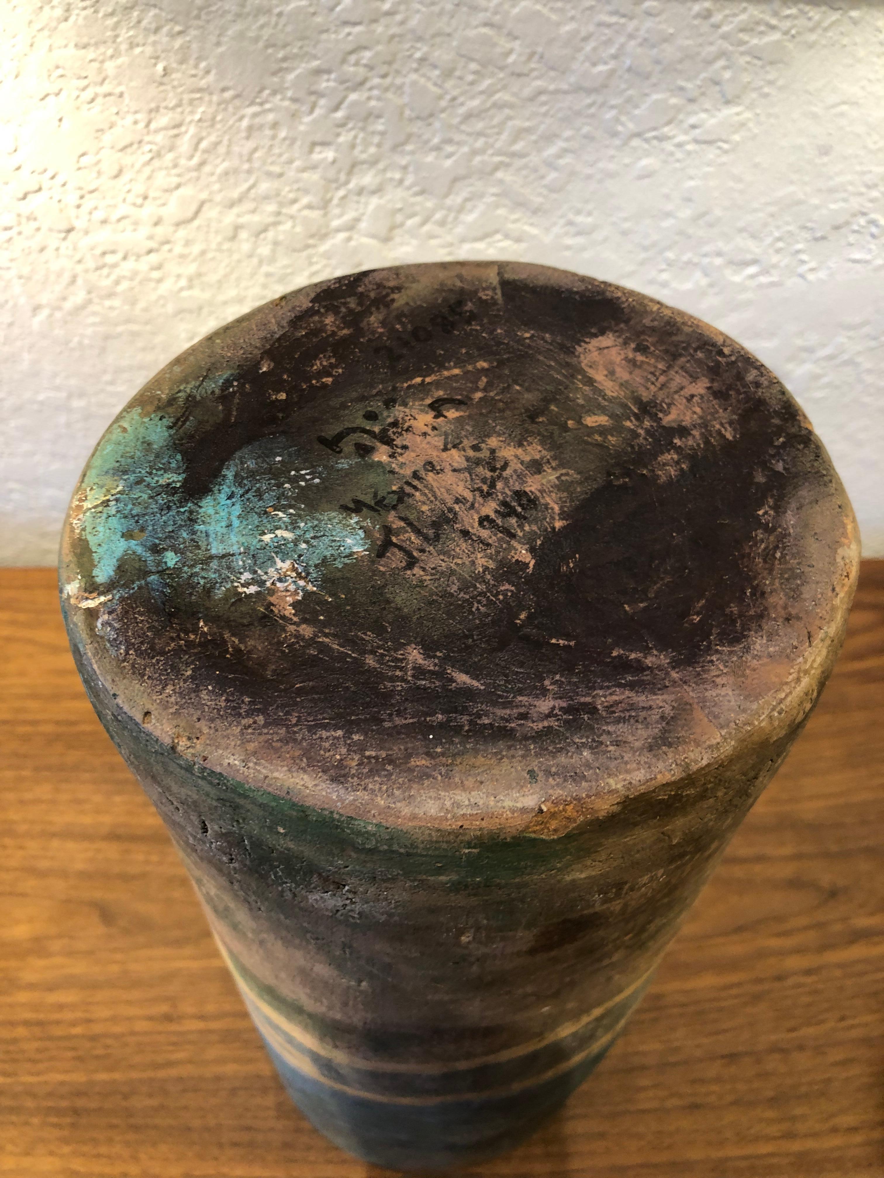 1940 Mexican Hand Painted Ceramic Aztec Revival Vase In Distressed Condition For Sale In San Diego, CA