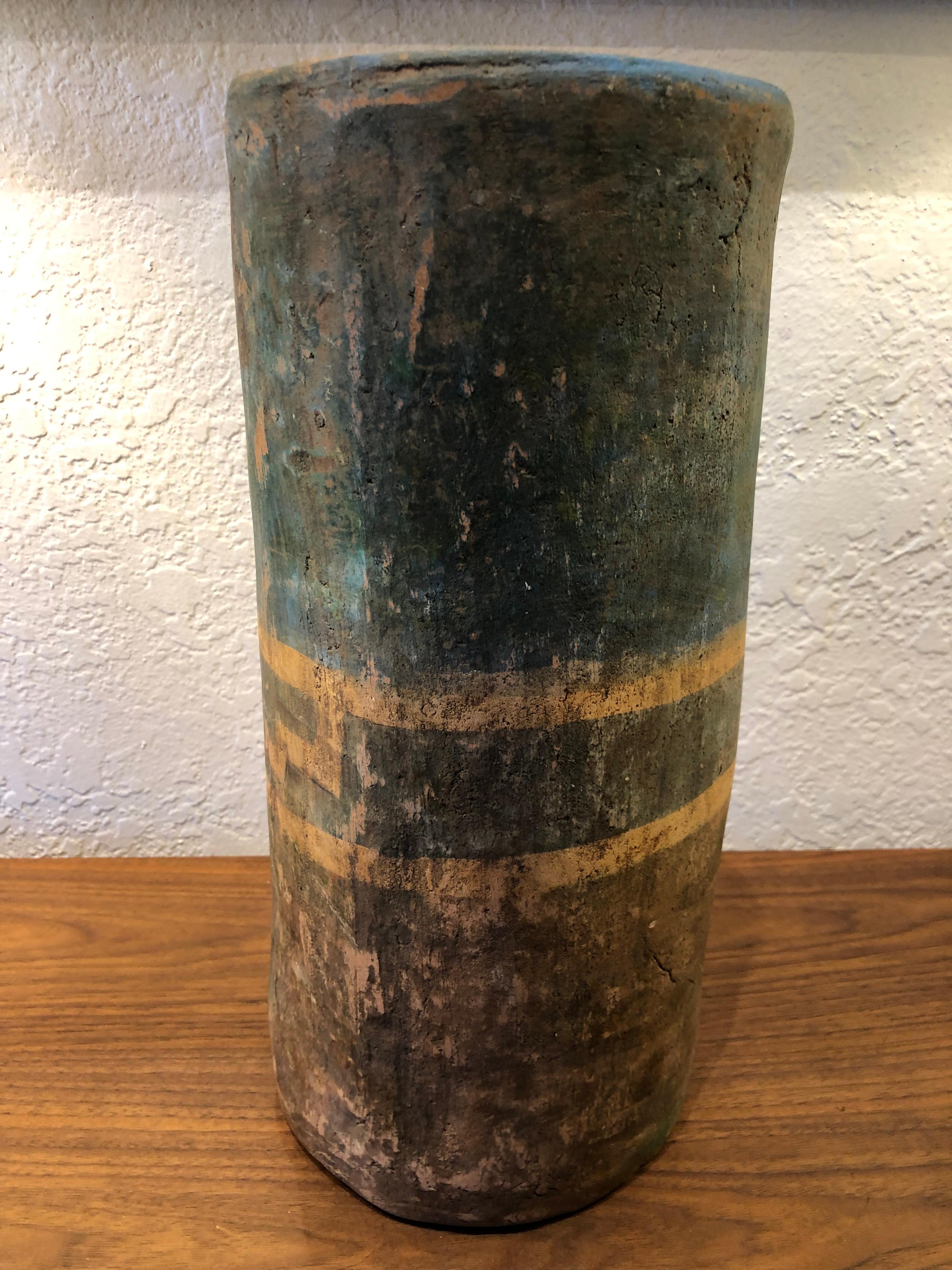 Mid-20th Century 1940 Mexican Hand Painted Ceramic Aztec Revival Vase For Sale