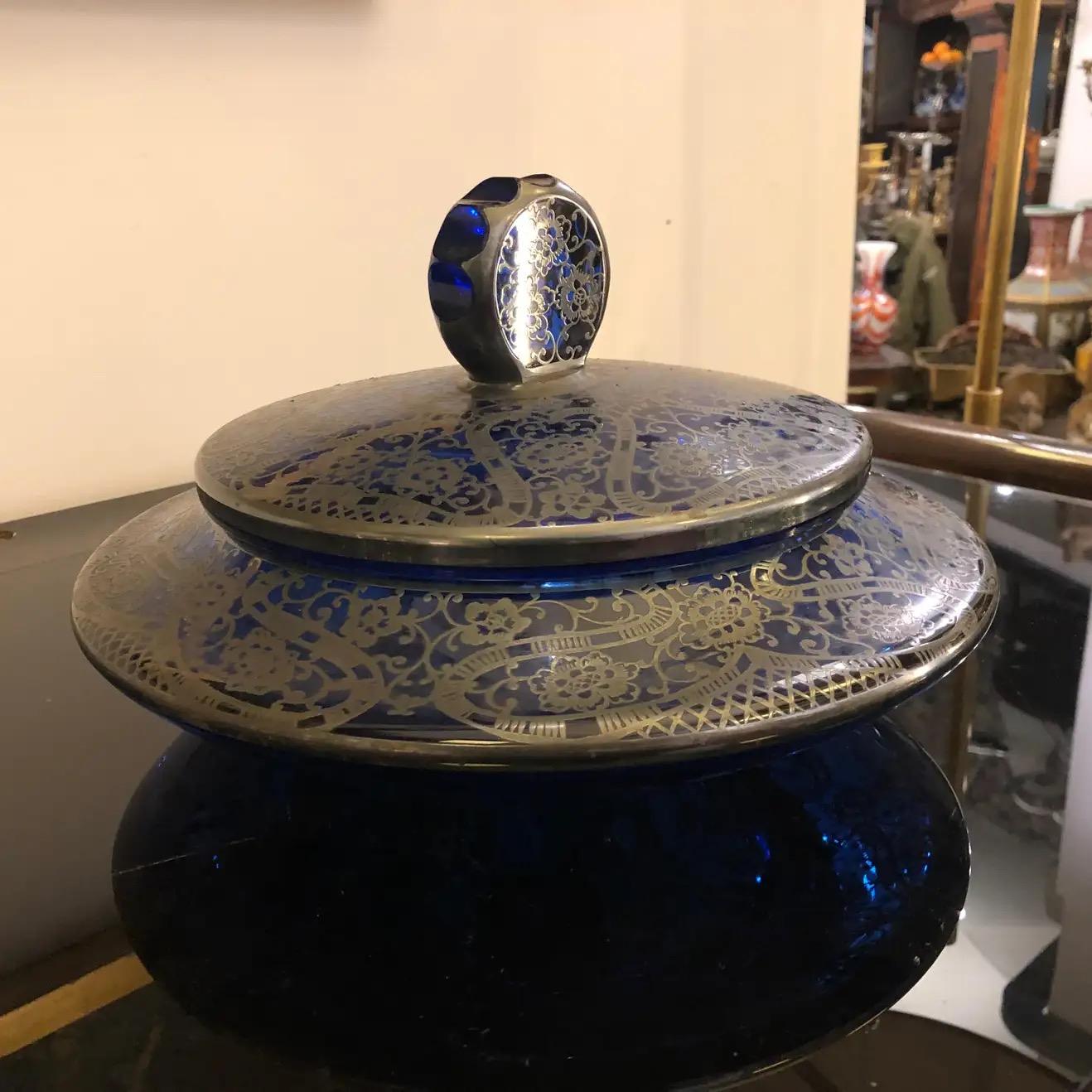 20th Century 1940 Mid-Century Modern Blue Glass and Sterling Silver Italian Vanity Box For Sale
