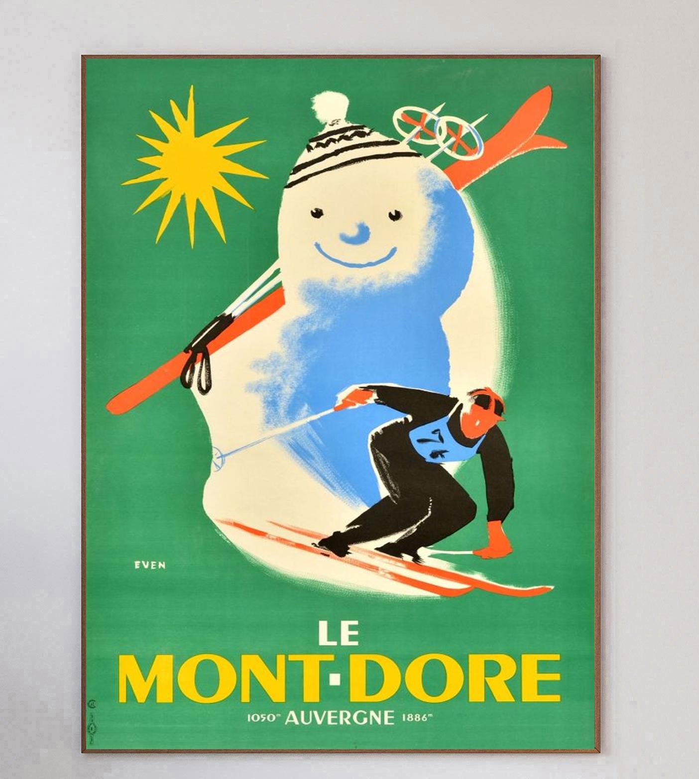 With stunning artwork from Jean Even, this poster was created in 1940 to advertise the Le Monte-Dore area in Auvergne-Rhone-Alpes in central France.

The gorgeous design depicts a man skiing down the slopes with a skier snowman in the beautiful