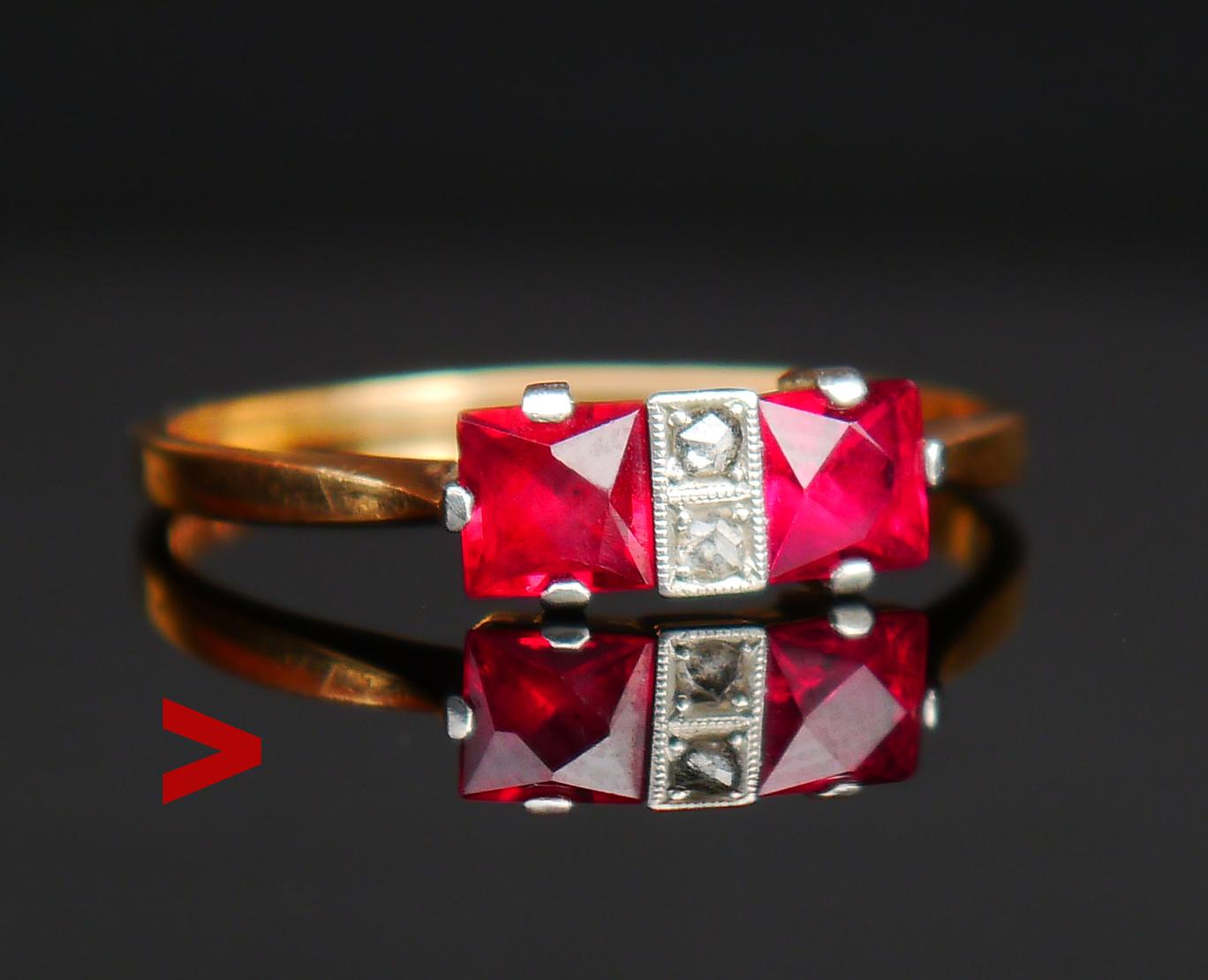 Beautiful four-stones Ring in Art- Deco Style. Band in solid 18ct Yellow Gold with clusters in Platinum featuring two Red Rubies (likely lab-made) cut princess 5 x 5 mm / ca. 0. 7 ct each and two rose cut diamonds Ø 1.75 mm / 0.02 ct each. All