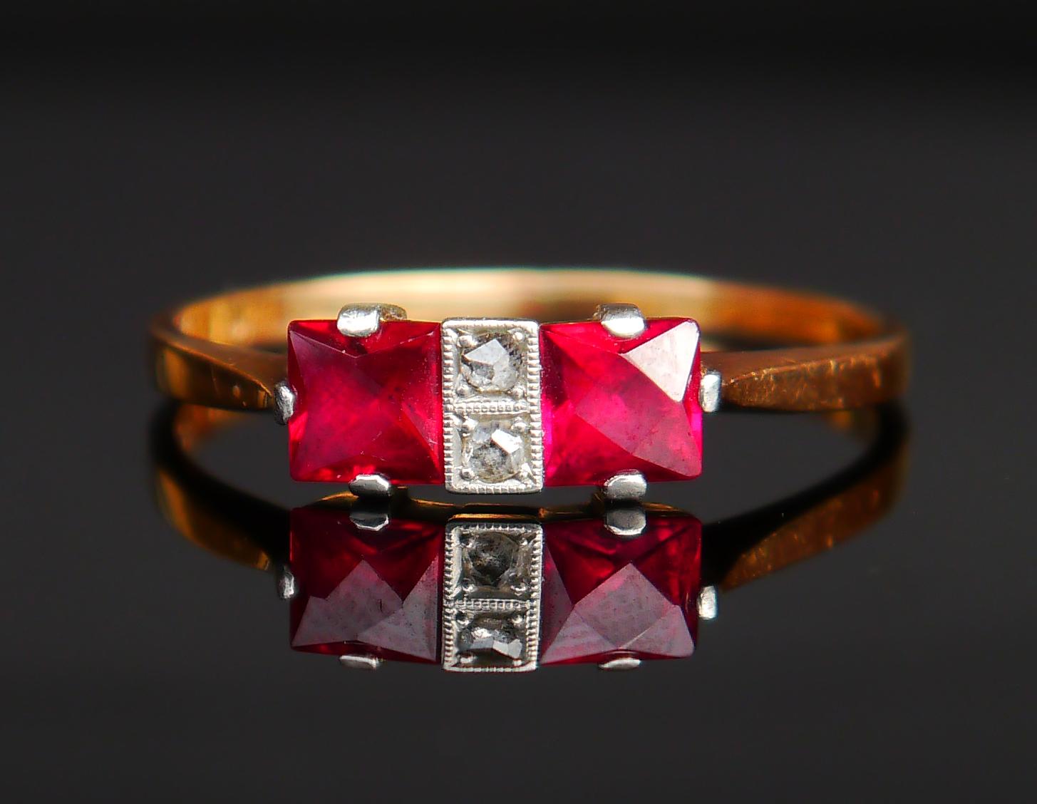 Art Deco 1940 Nordic 4 stones Ring Ruby Diamonds solid 18K Gold Platinum Ø US 7.75 / 1.8g For Sale