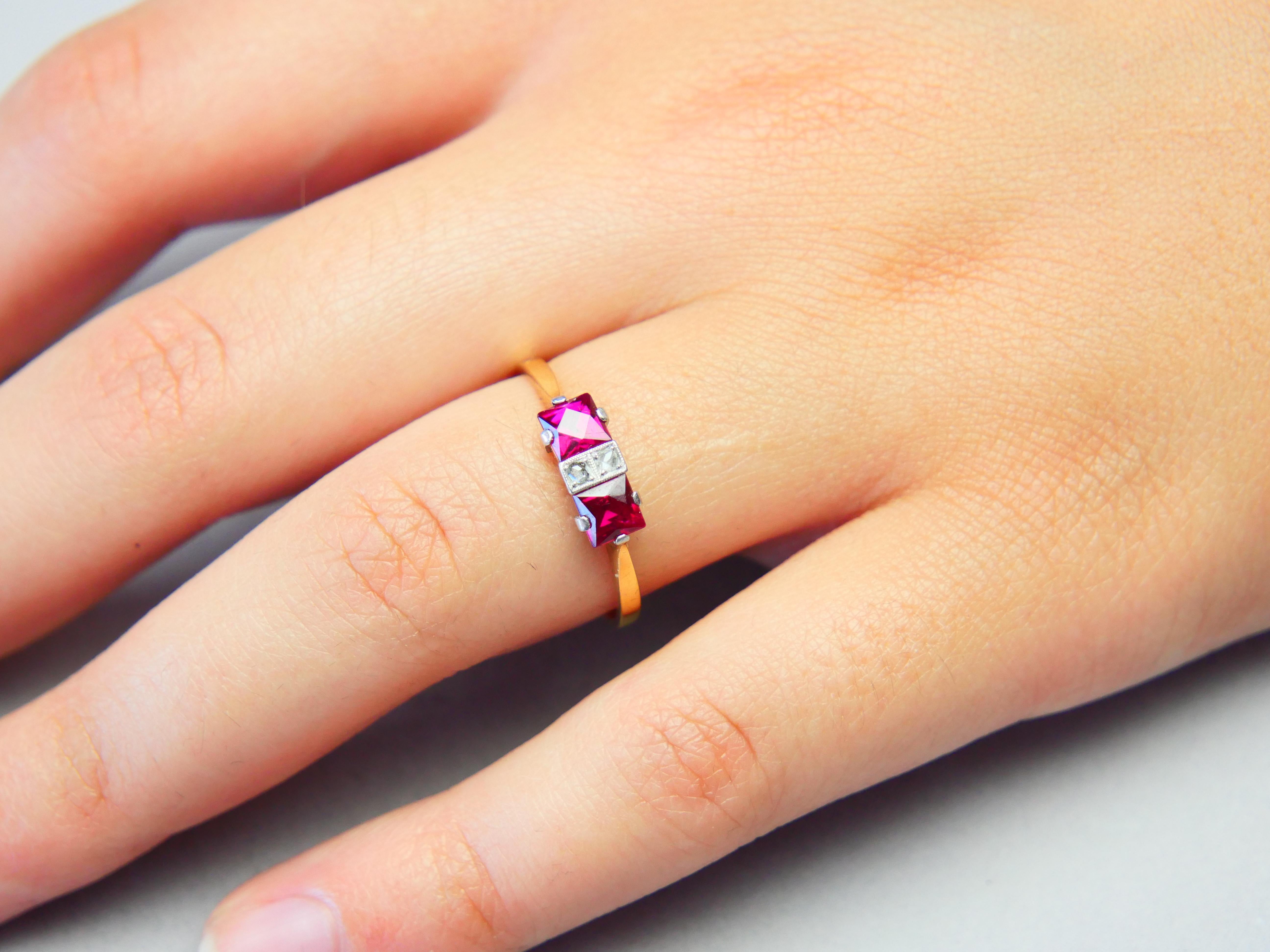 Women's 1940 Nordic 4 stones Ring Ruby Diamonds solid 18K Gold Platinum Ø US 7.75 / 1.8g For Sale