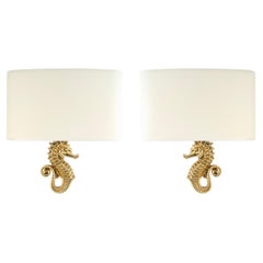 1940 Pair of Bronze Wall Lamps "Hippocampe" by Marcel Guillemard