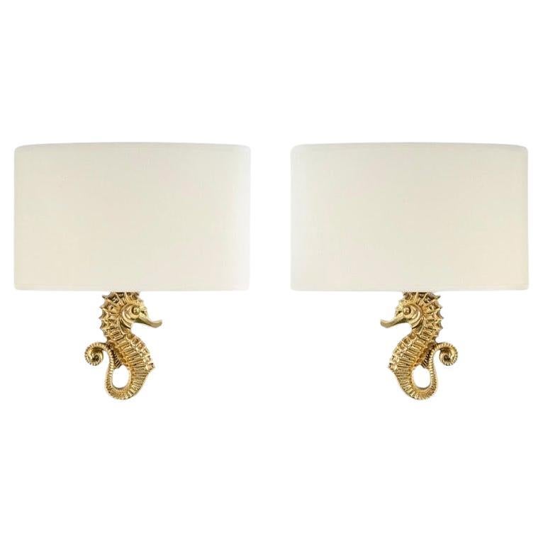1940 Pair of Bronze Wall Lamps "Hippocampe" by Marcel Guillemard