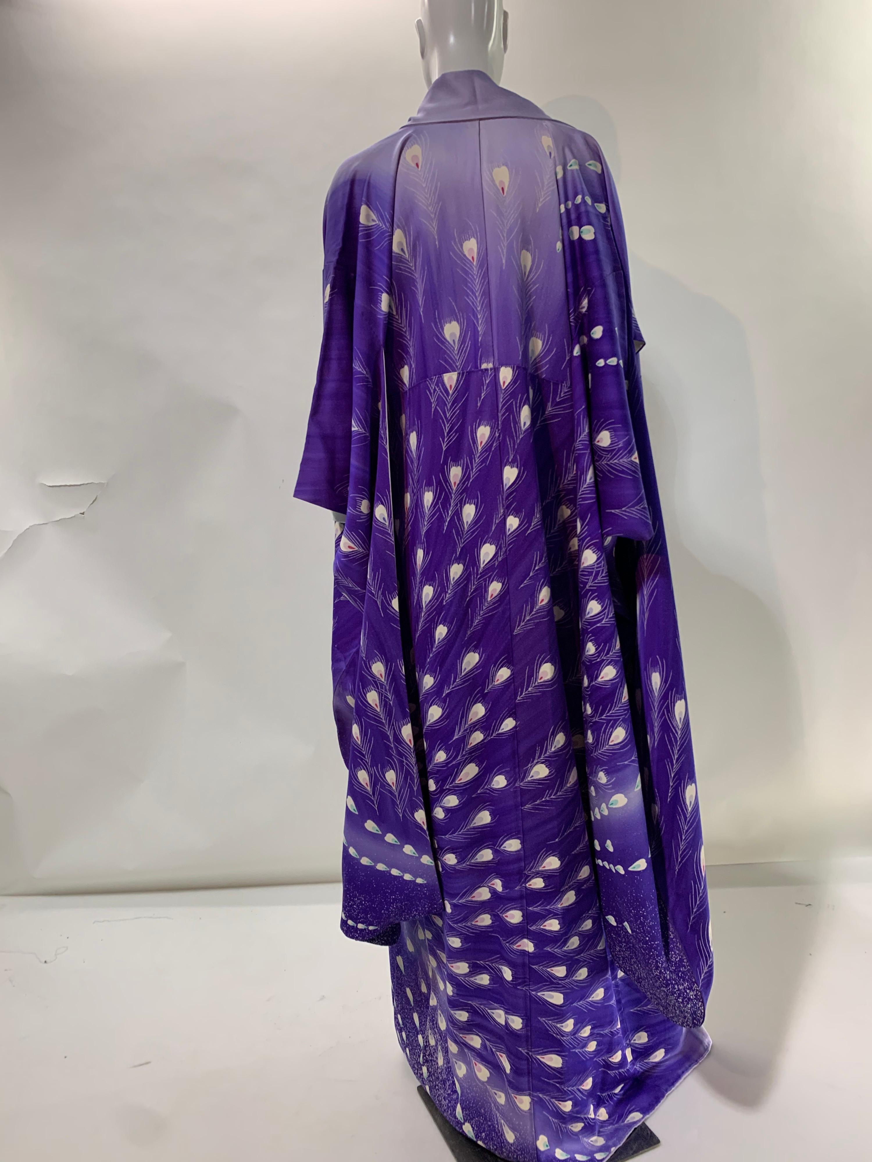 1940 Pristine Purple Ombré Silk Kimono W/ Dramatic Hand Painted Peacock Motif  5