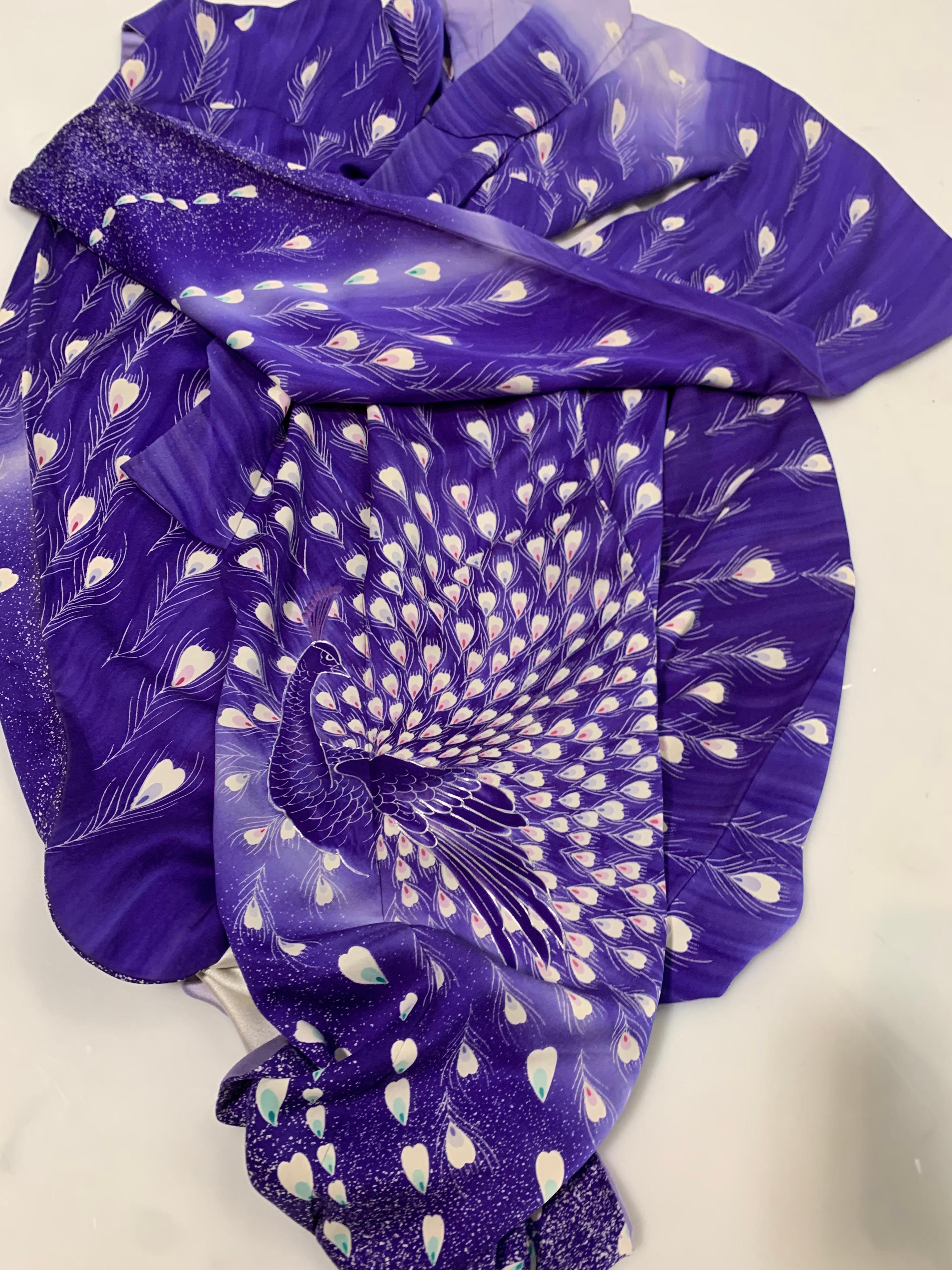1940 Pristine Purple Ombré Silk Kimono W/ Dramatic Hand Painted Peacock Motif  7