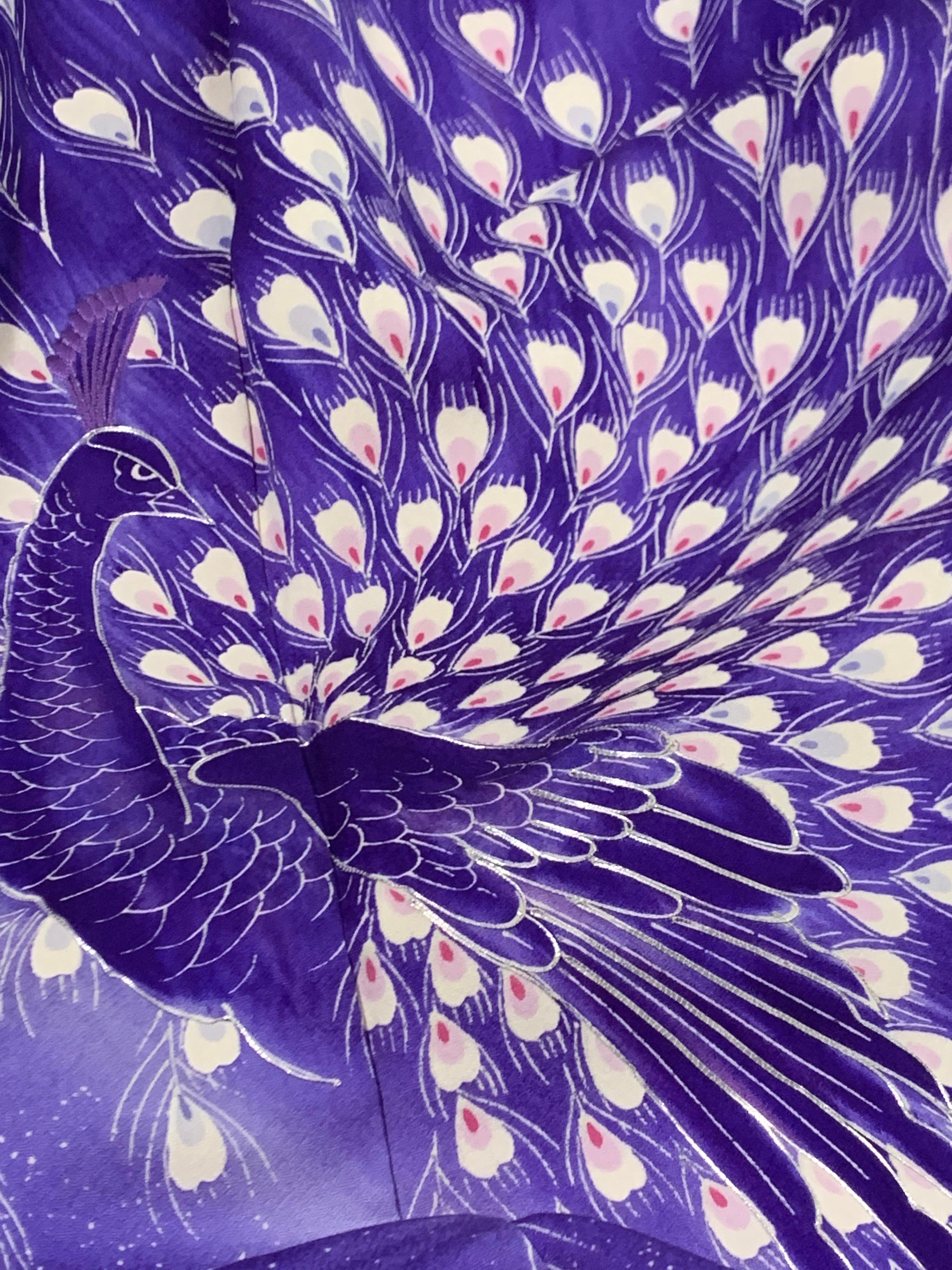 1940 Pristine Purple Ombré Silk Kimono W/ Dramatic Hand Painted Peacock Motif  8
