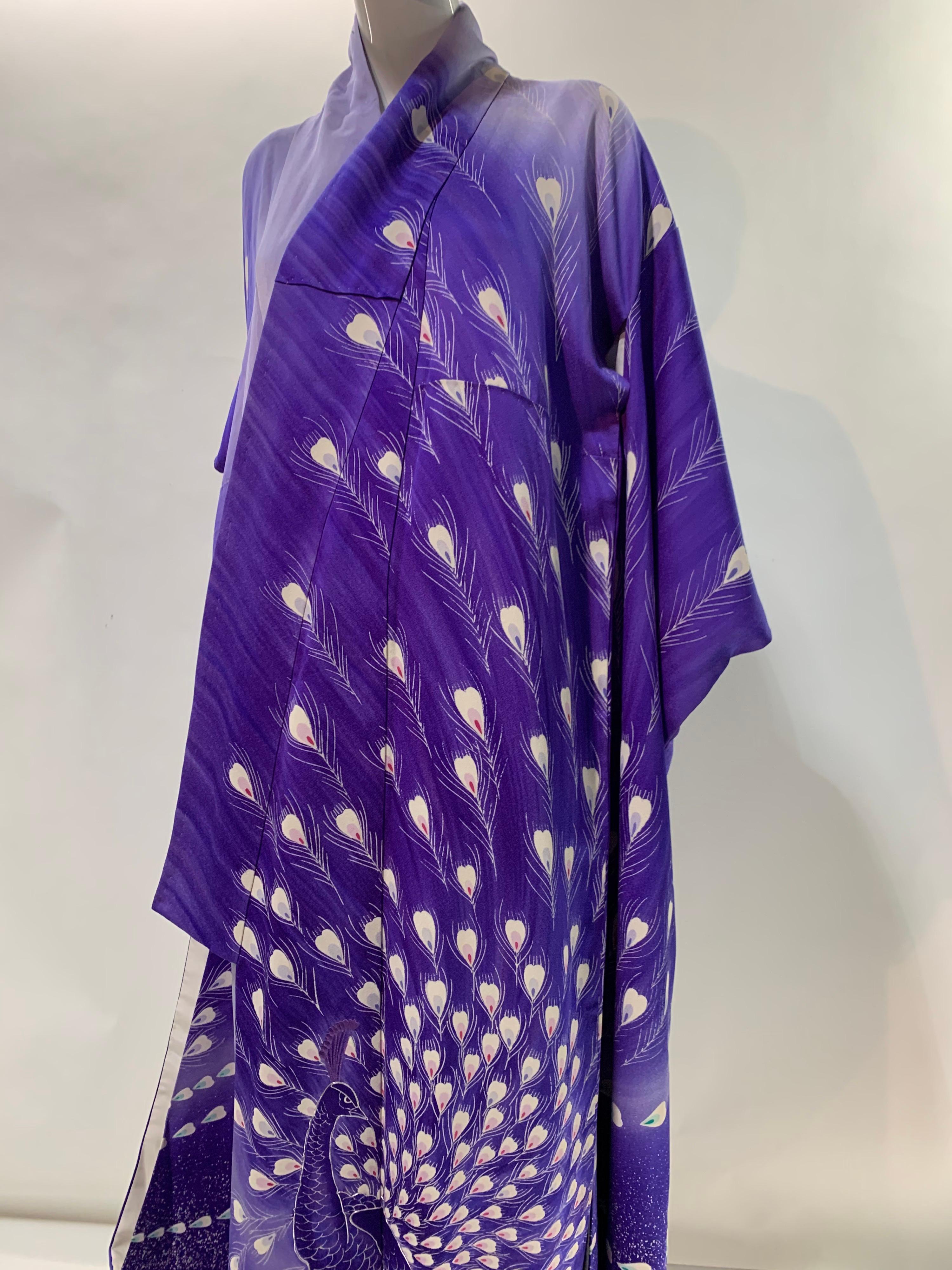 1940 Pristine Purple Ombré Silk Kimono W/ Dramatic Hand Painted Peacock Motif. Full length. Lined in gray/blue ombre silk. Size Medium.