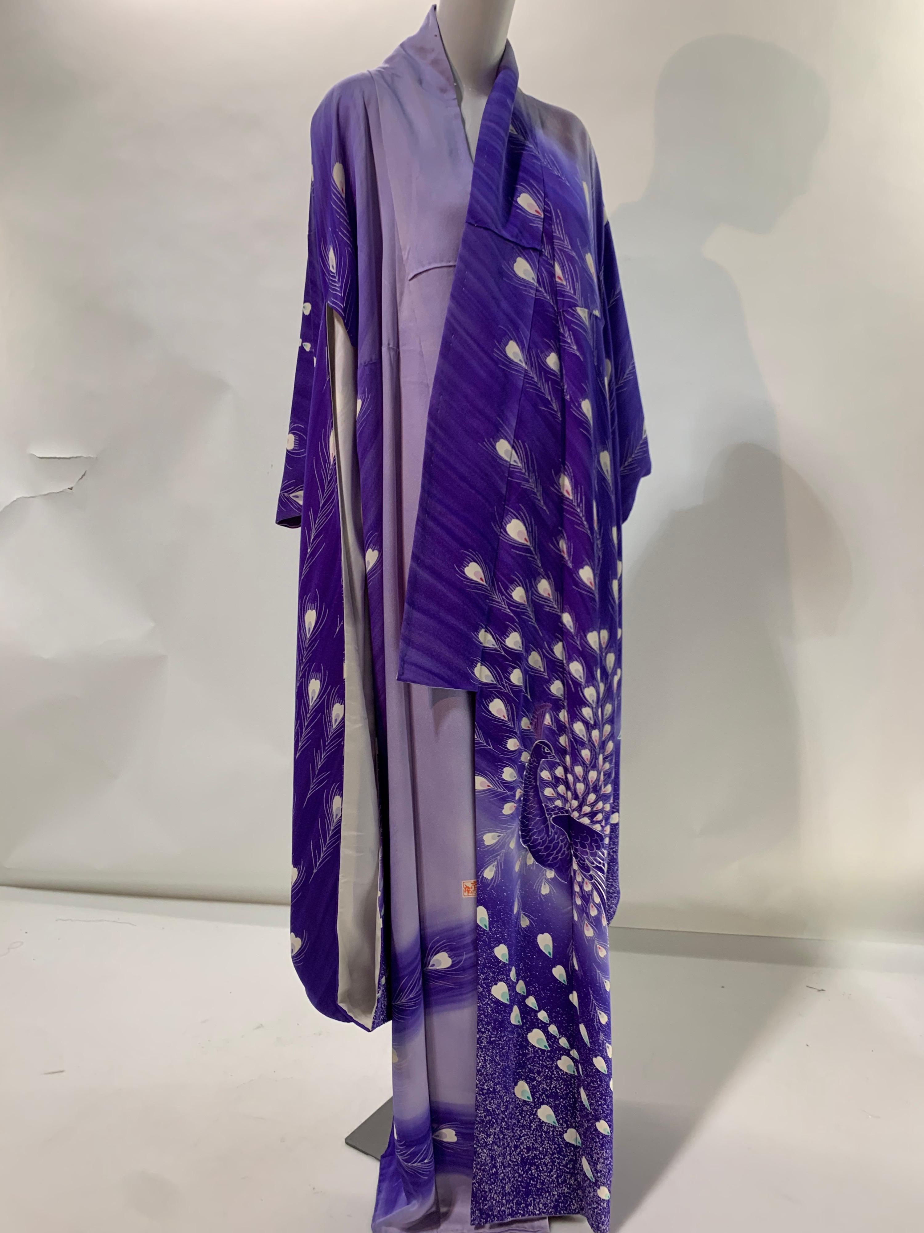 Women's or Men's 1940 Pristine Purple Ombré Silk Kimono W/ Dramatic Hand Painted Peacock Motif 