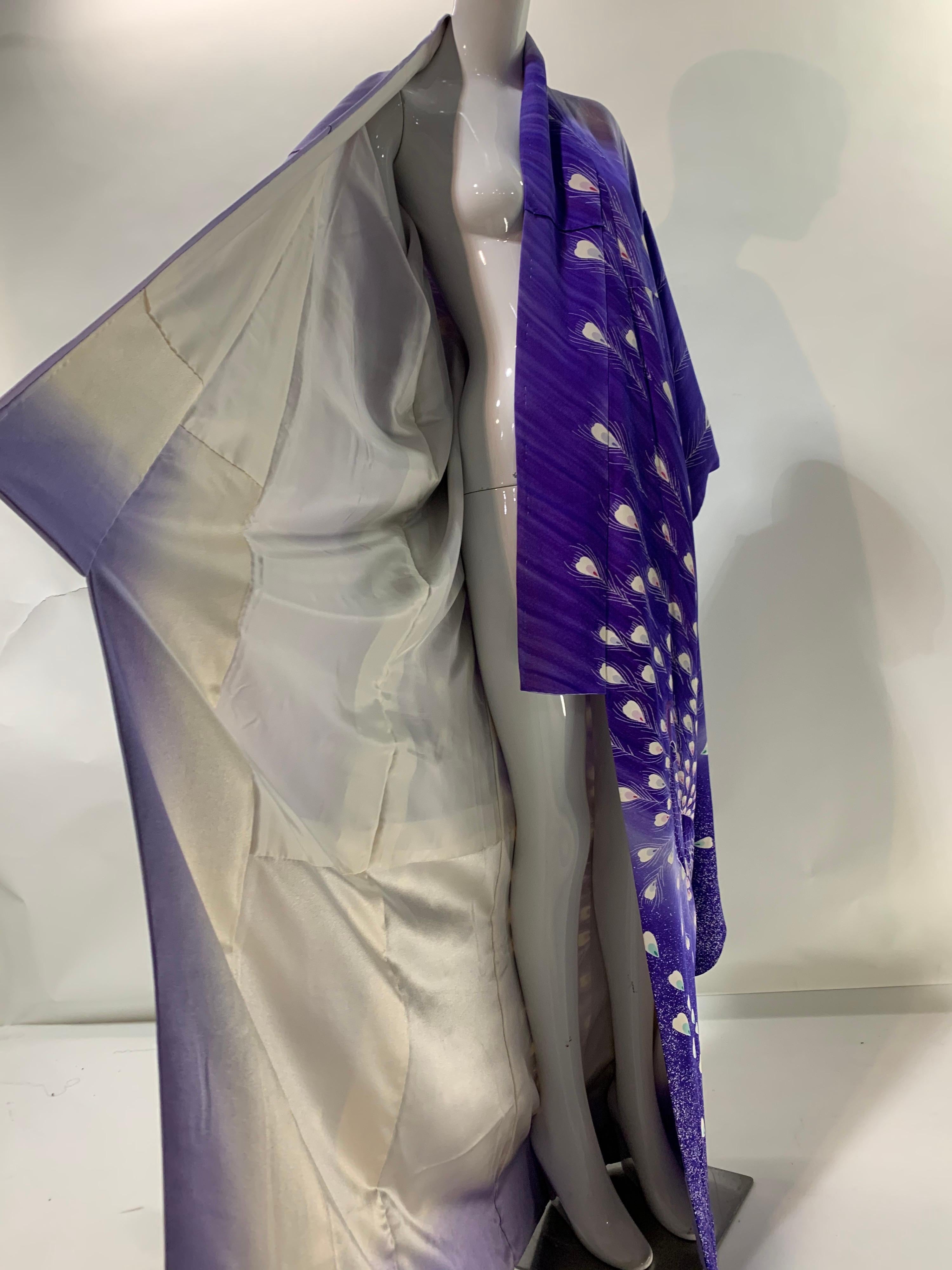 1940 Pristine Purple Ombré Silk Kimono W/ Dramatic Hand Painted Peacock Motif  2
