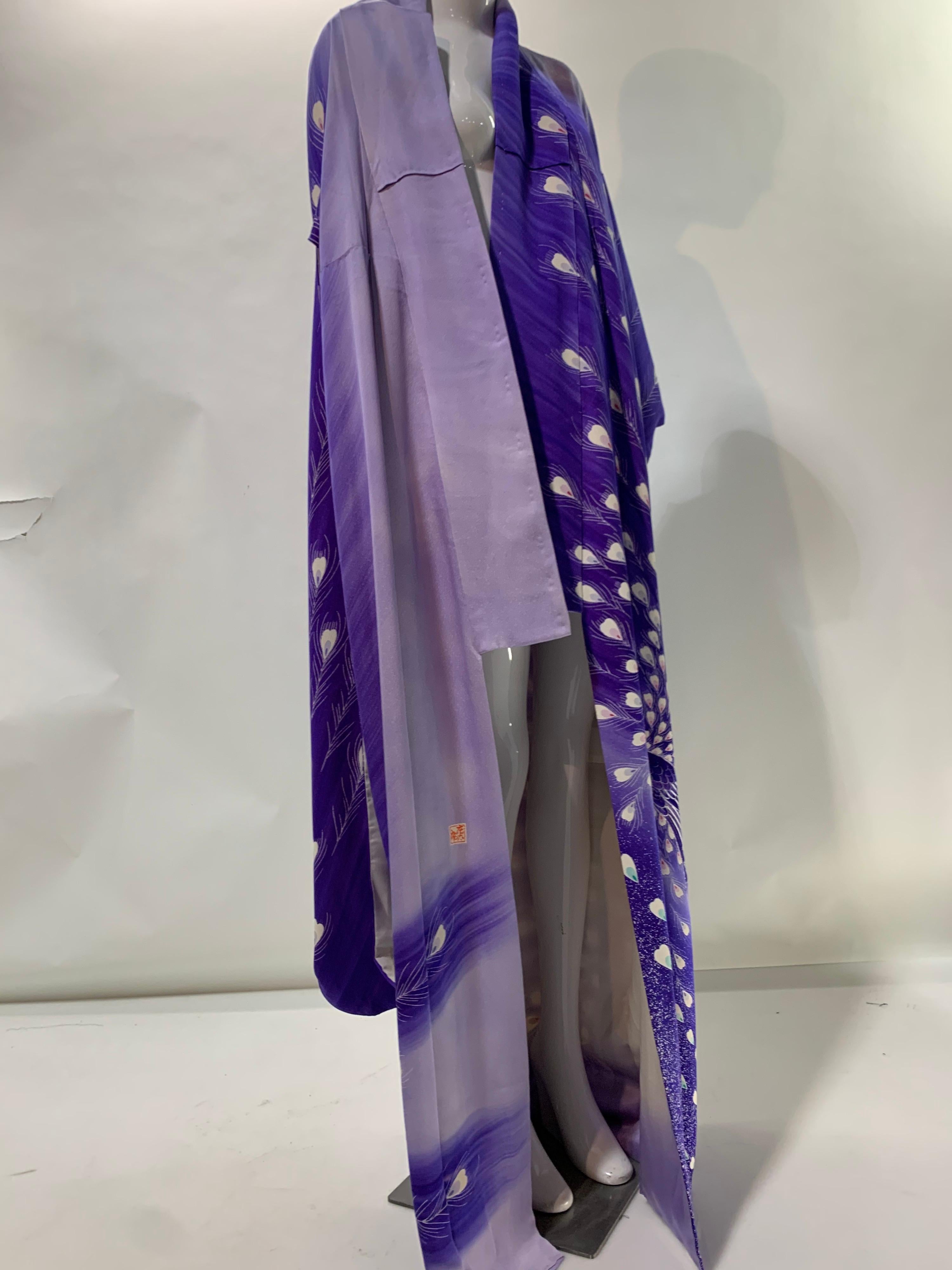 1940 Pristine Purple Ombré Silk Kimono W/ Dramatic Hand Painted Peacock Motif  3
