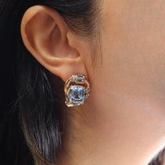 1940 Retro 18k yellow gold Clip Earrings with 15.68 ctw in Aquamarine & Diamonds