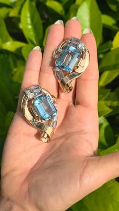 1940 Retro 18k yellow gold Doble Clips with 53.16 CTW in Aquamarines & Diamonds