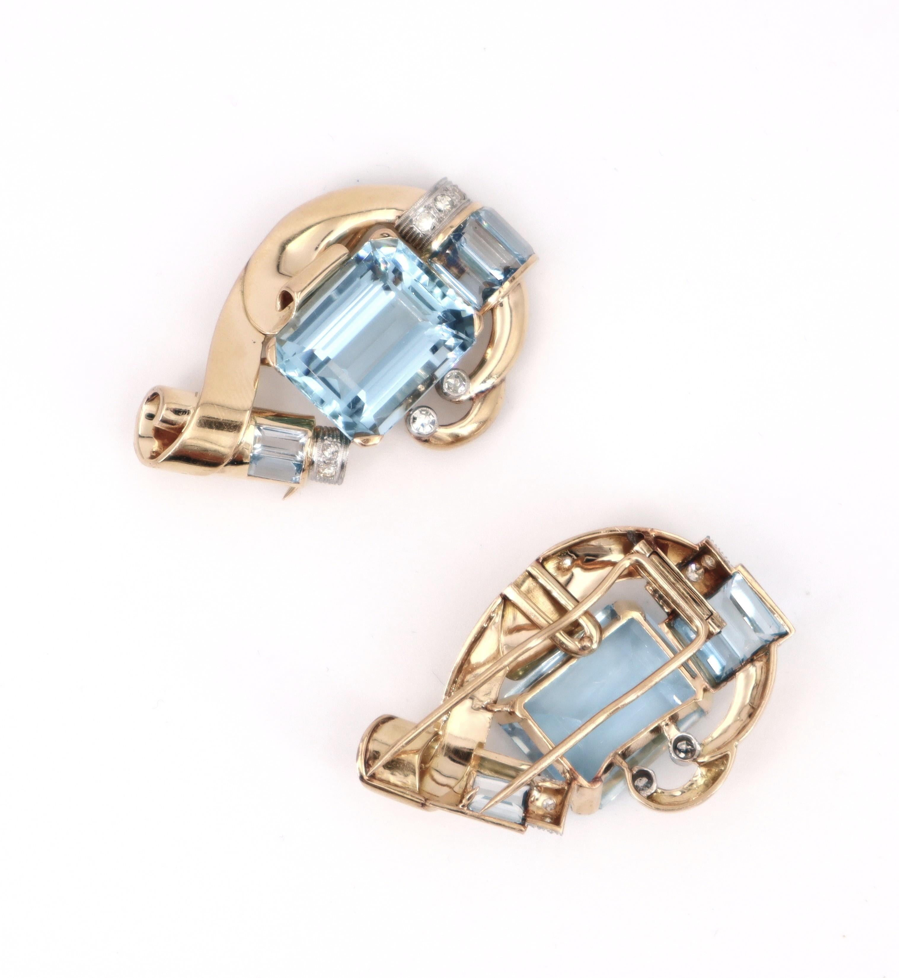da uomo o donna 1940 Clip Doble retrò in oro giallo 18k con 53,16 CTW di acquamarine e diamanti in vendita