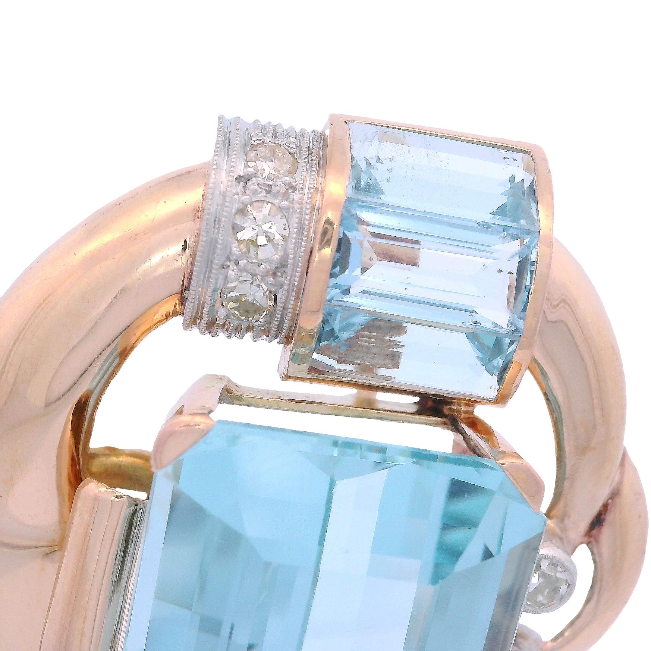 1940 Clip Doble retrò in oro giallo 18k con 53,16 CTW di acquamarine e diamanti in vendita 1