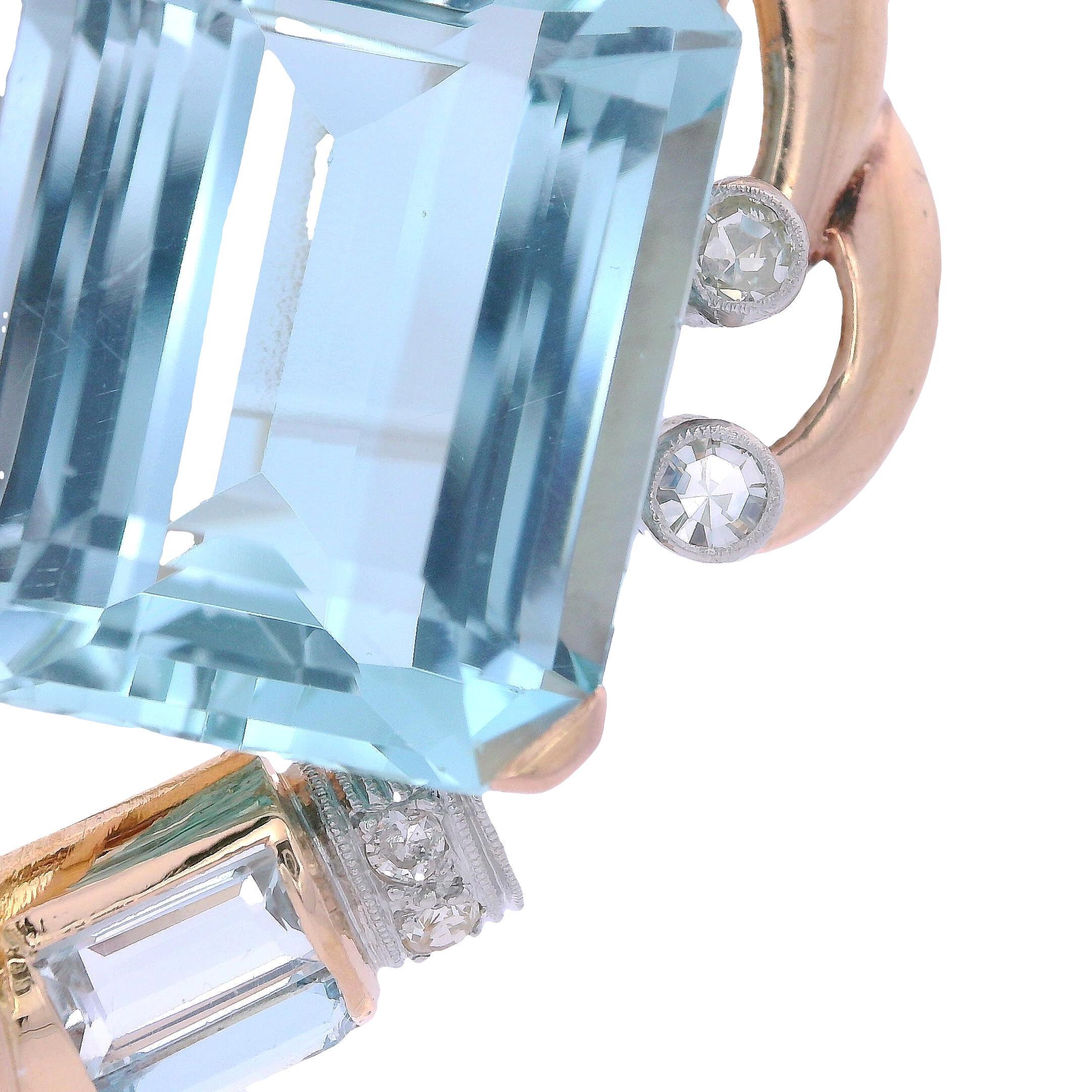 1940 Clip Doble retrò in oro giallo 18k con 53,16 CTW di acquamarine e diamanti in vendita 2