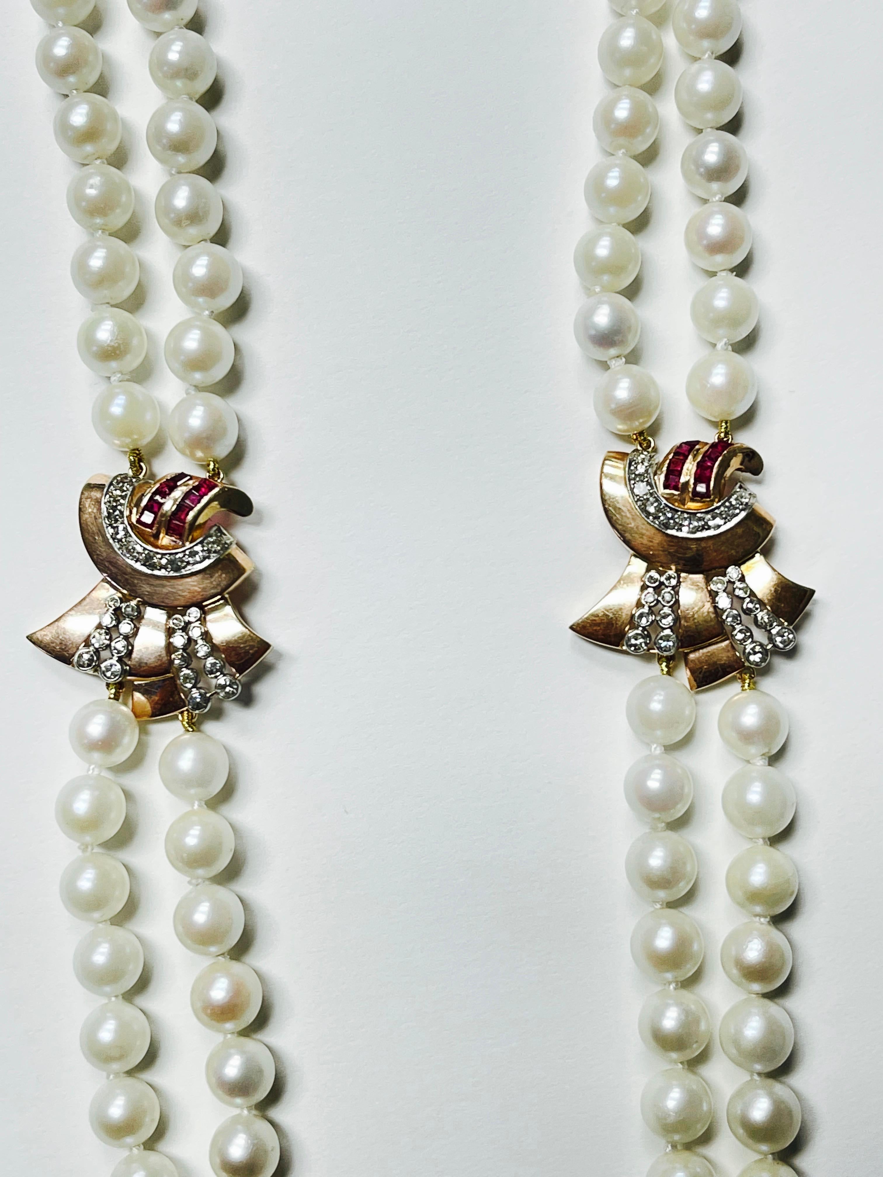 1940 Retro Pearl, Diamond and Ruby Necklace in 14K Yellow Gold For Sale 3