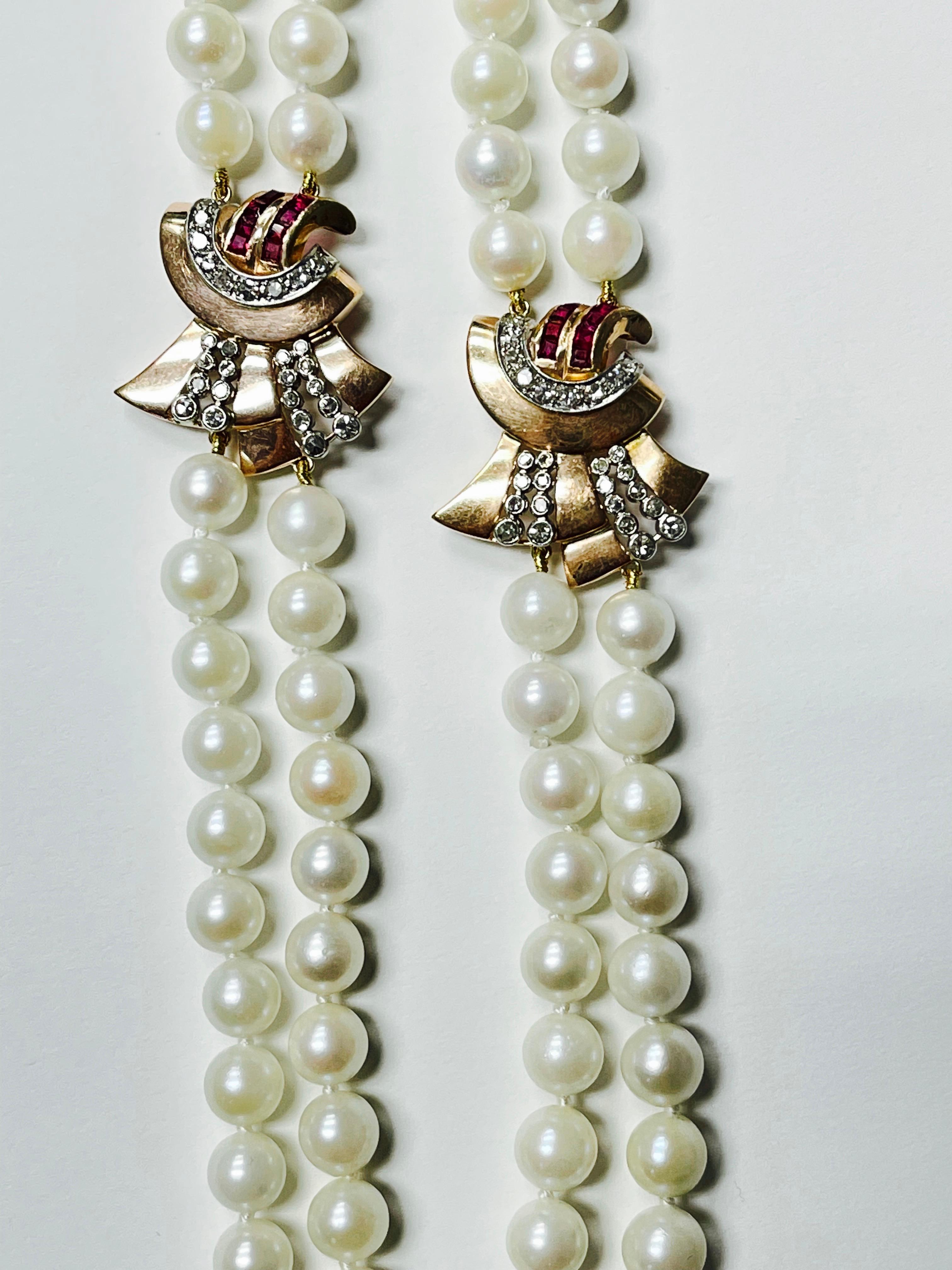 1940 Retro Perlen-, Diamant- und Rubin-Halskette aus 14K Gelbgold im Angebot 8