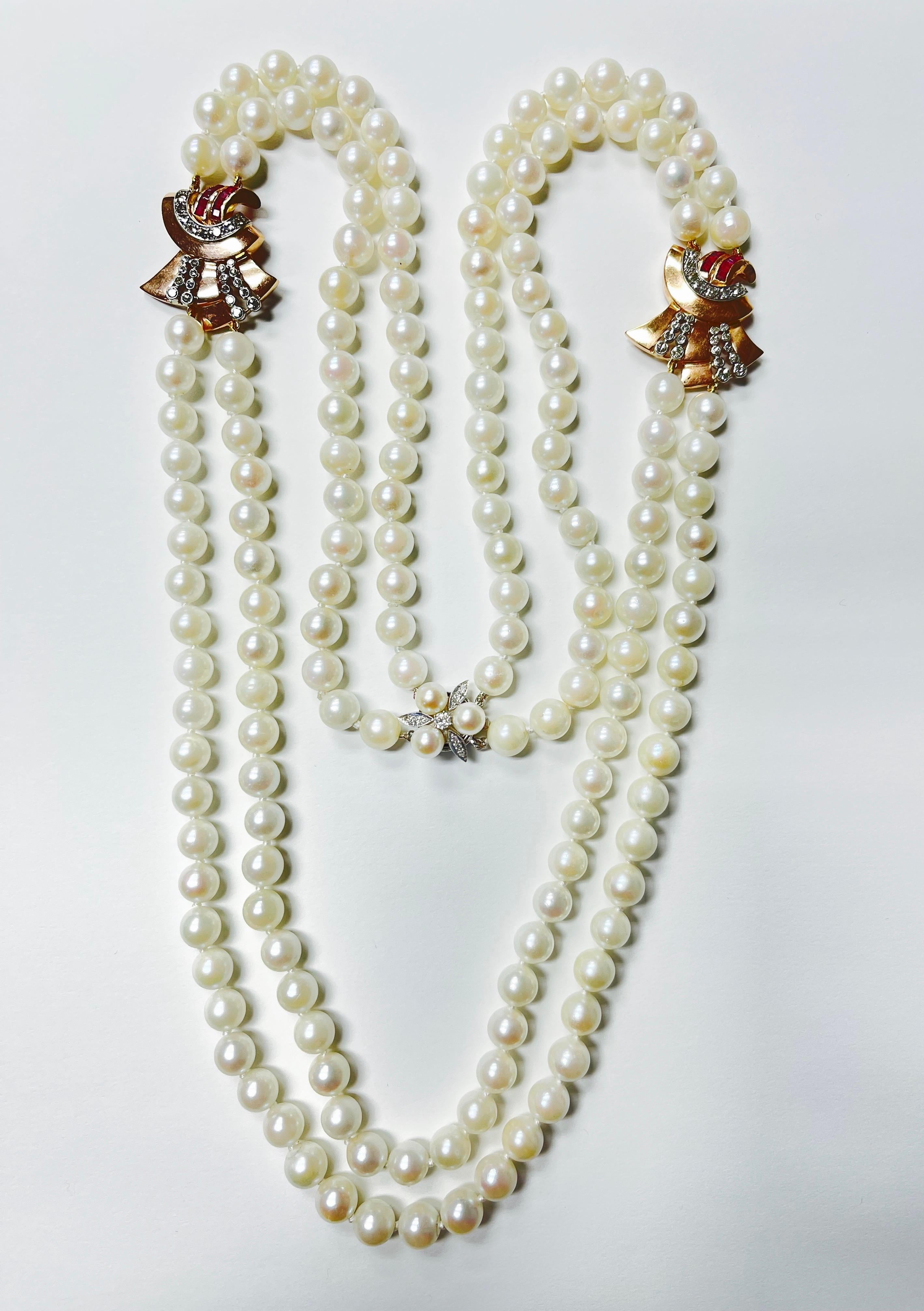 1940 Retro Perlen-, Diamant- und Rubin-Halskette aus 14K Gelbgold im Angebot 9