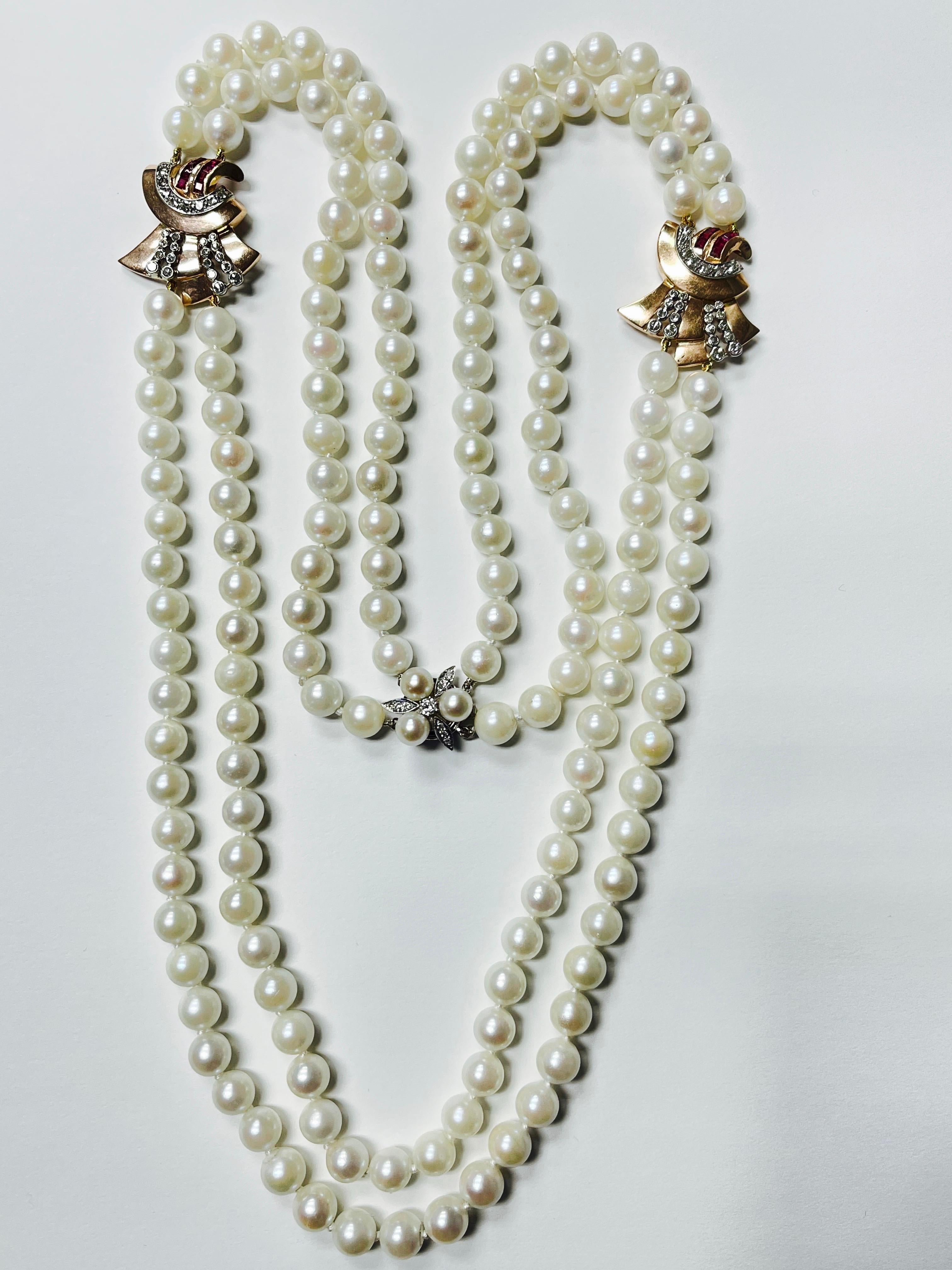 1940 Retro Pearl, Diamond and Ruby Necklace in 14K Yellow Gold For Sale 7