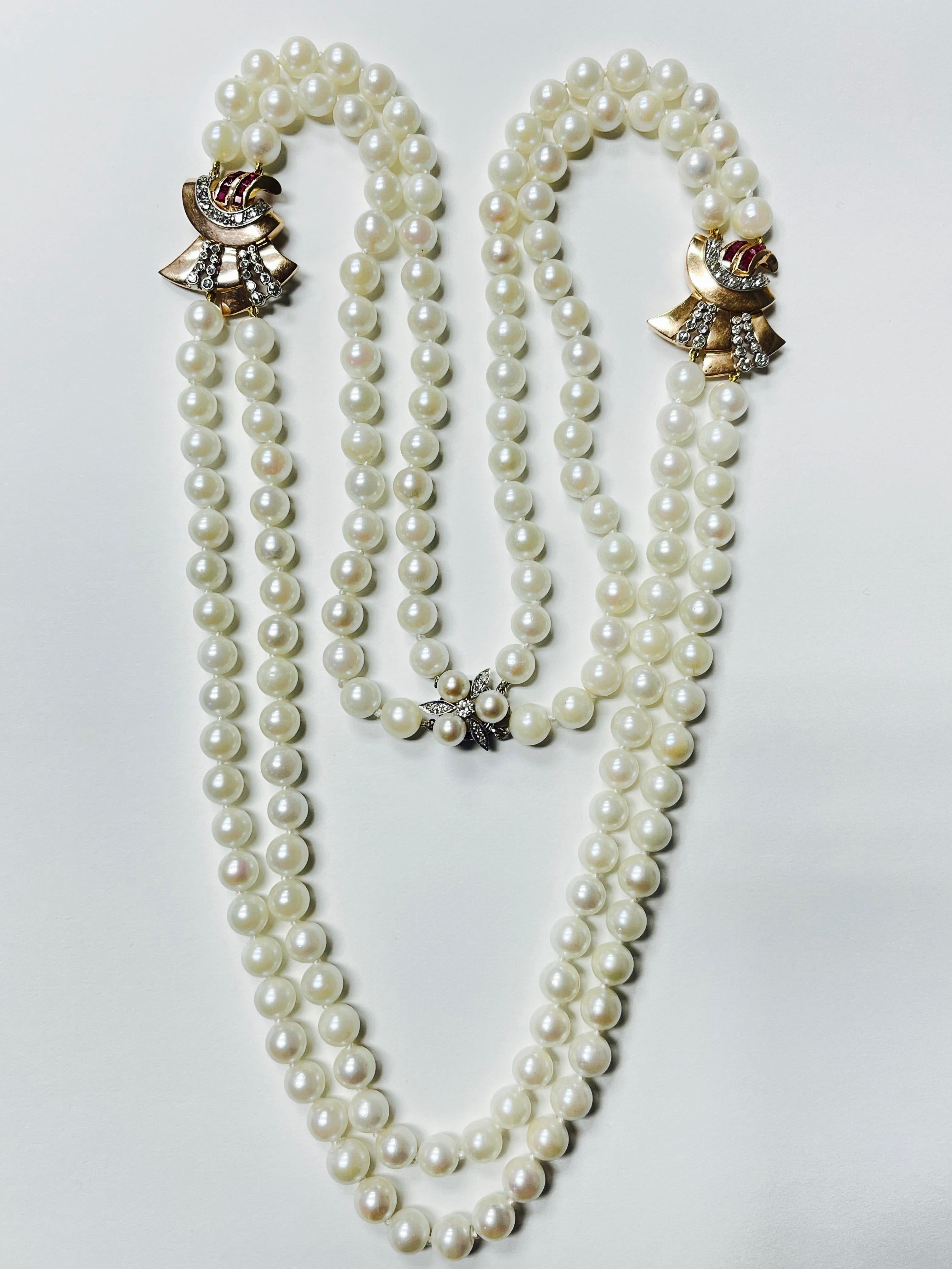 1940 Retro Pearl, Diamond and Ruby Necklace in 14K Yellow Gold For Sale 8