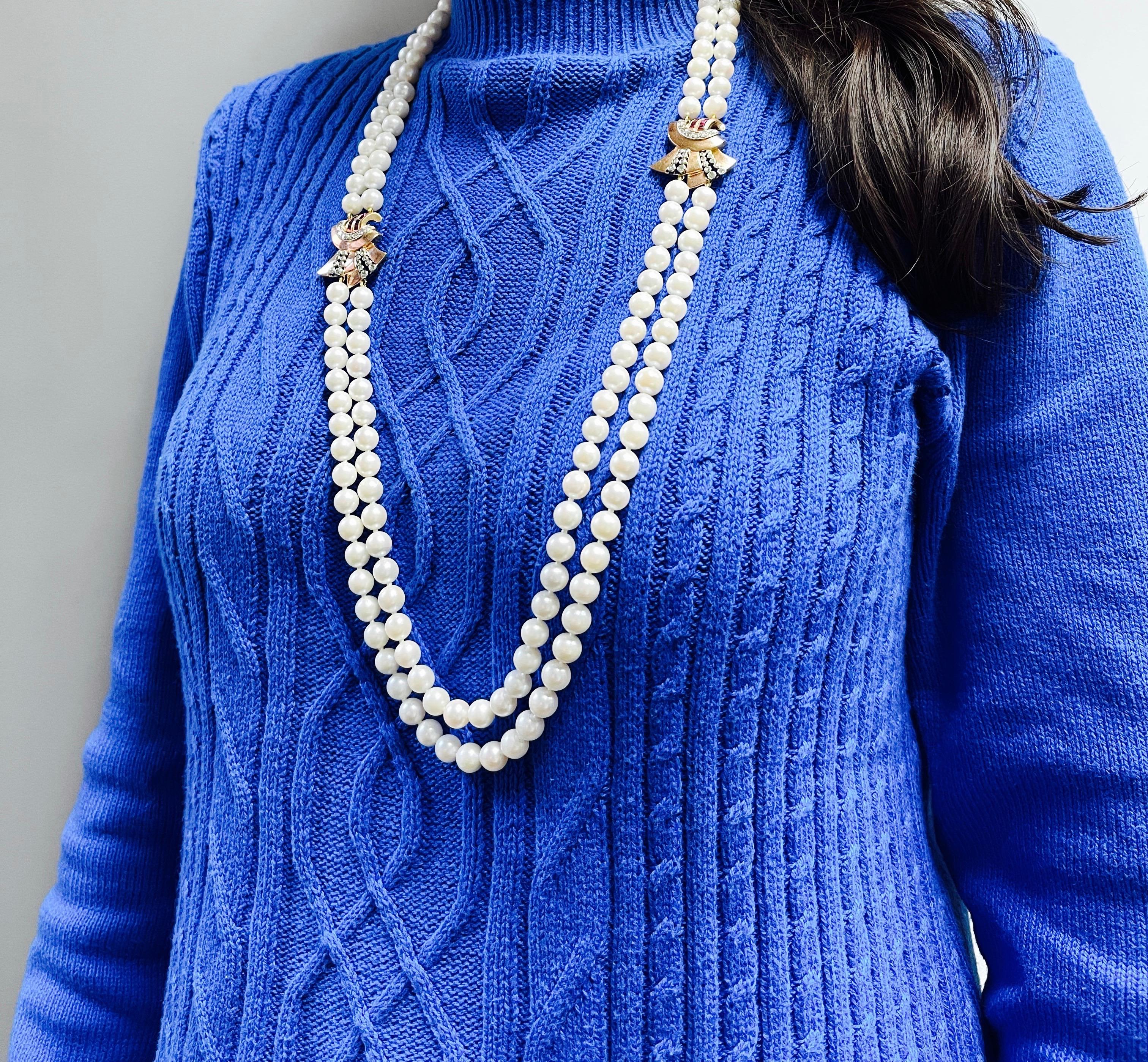 1940 Retro Collier de perles, diamants et rubis en or jaune 14K en vente 11
