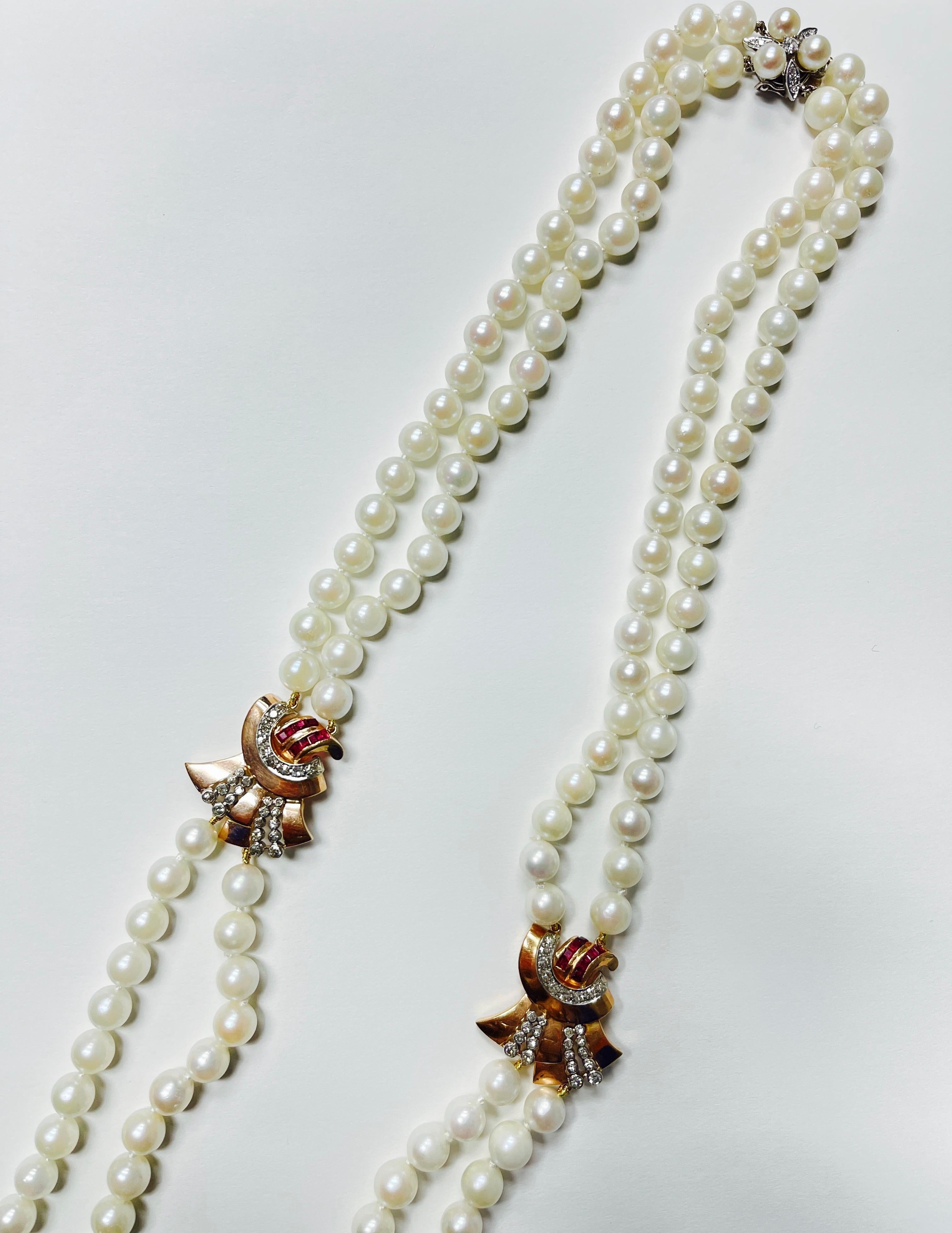 1940 Retro Perlen-, Diamant- und Rubin-Halskette aus 14K Gelbgold im Zustand „Hervorragend“ im Angebot in New York, NY
