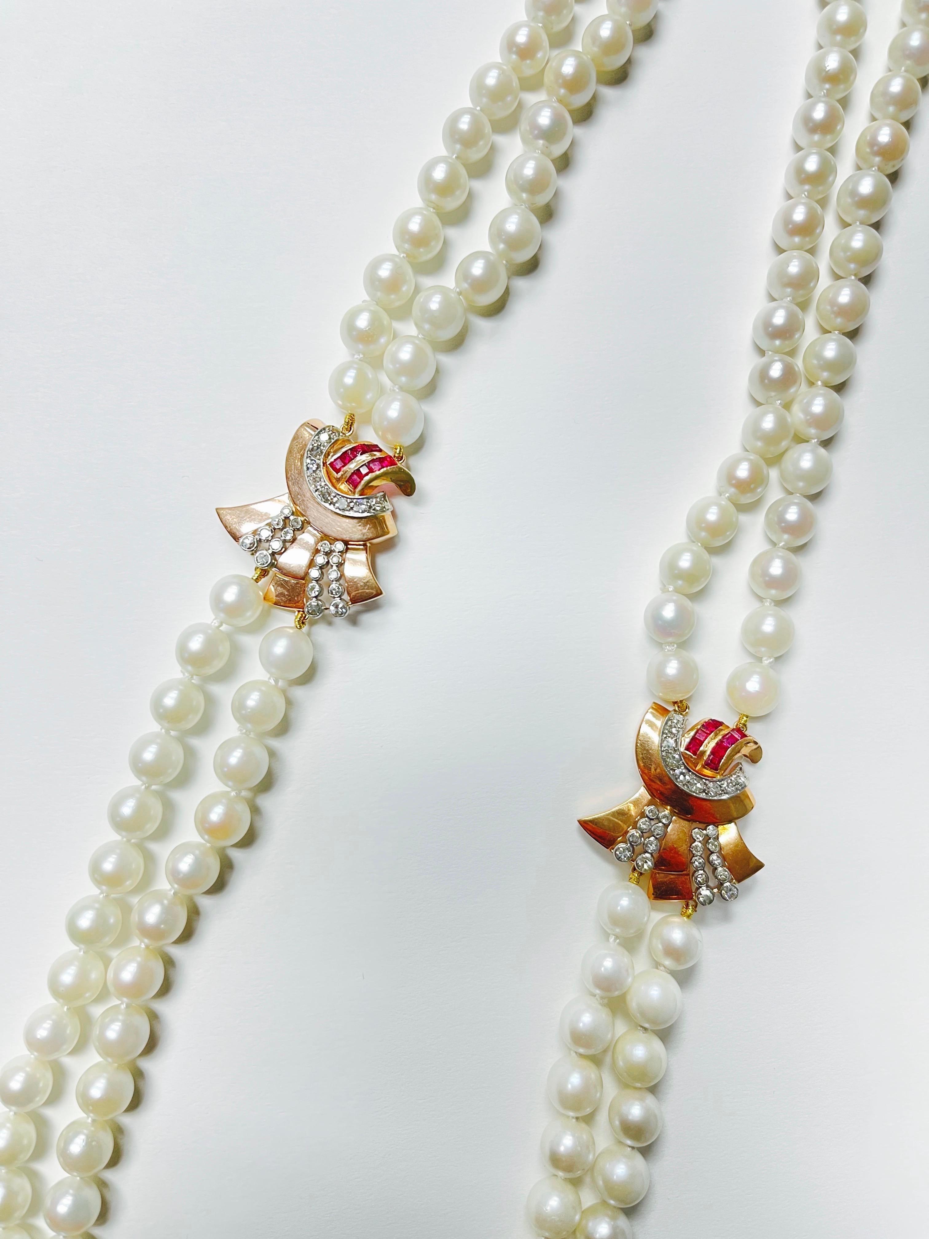 1940 Retro Perlen-, Diamant- und Rubin-Halskette aus 14K Gelbgold für Damen oder Herren im Angebot