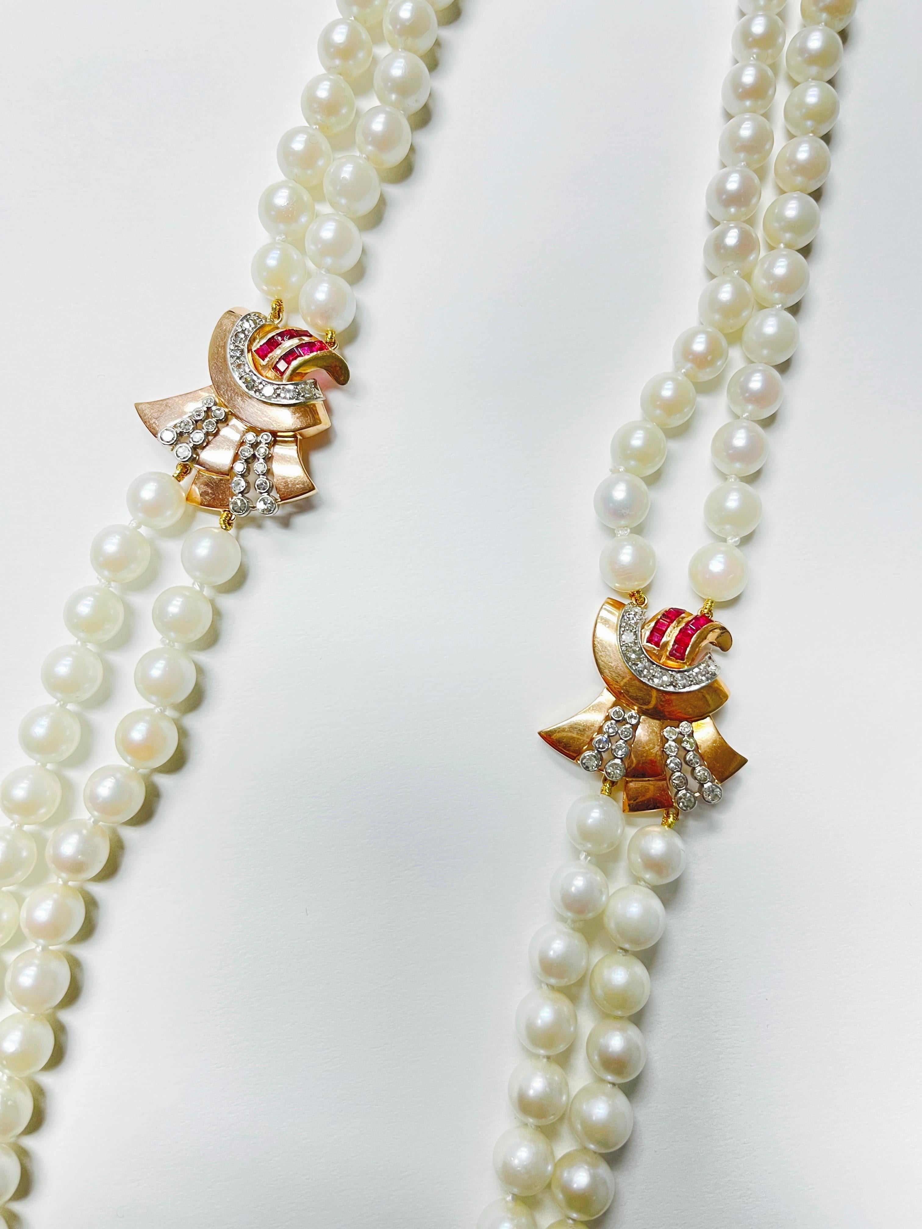 Round Cut 1940 Retro Pearl, Diamond and Ruby Necklace in 14K Yellow Gold For Sale