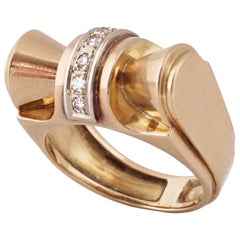 1940, Retro Gold Platinum and Round-Cut Diamonds Tank Ring