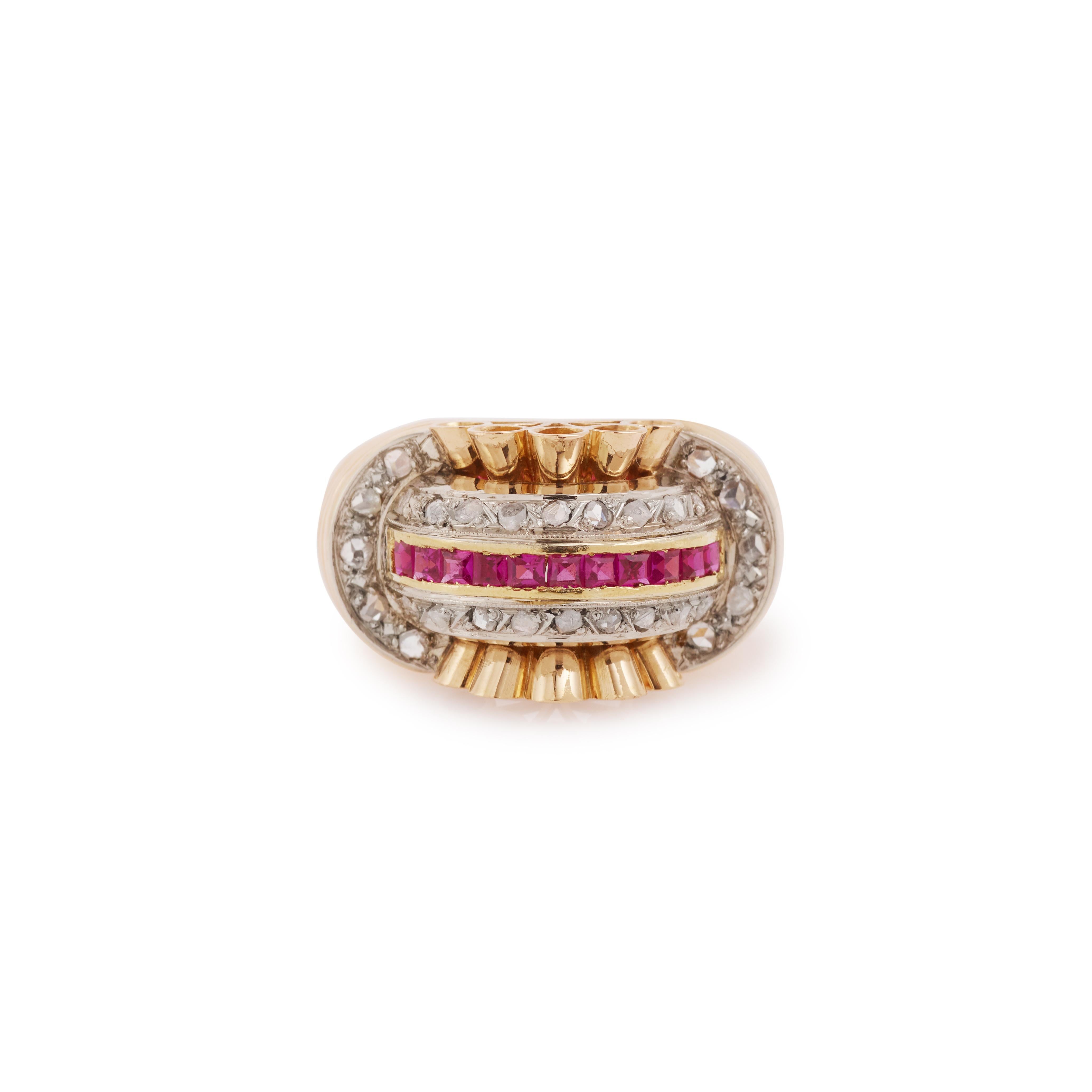Retro 1940 Rubies Diamonds 18 Karat Rose Gold Platinum Bridge Tank Ring
