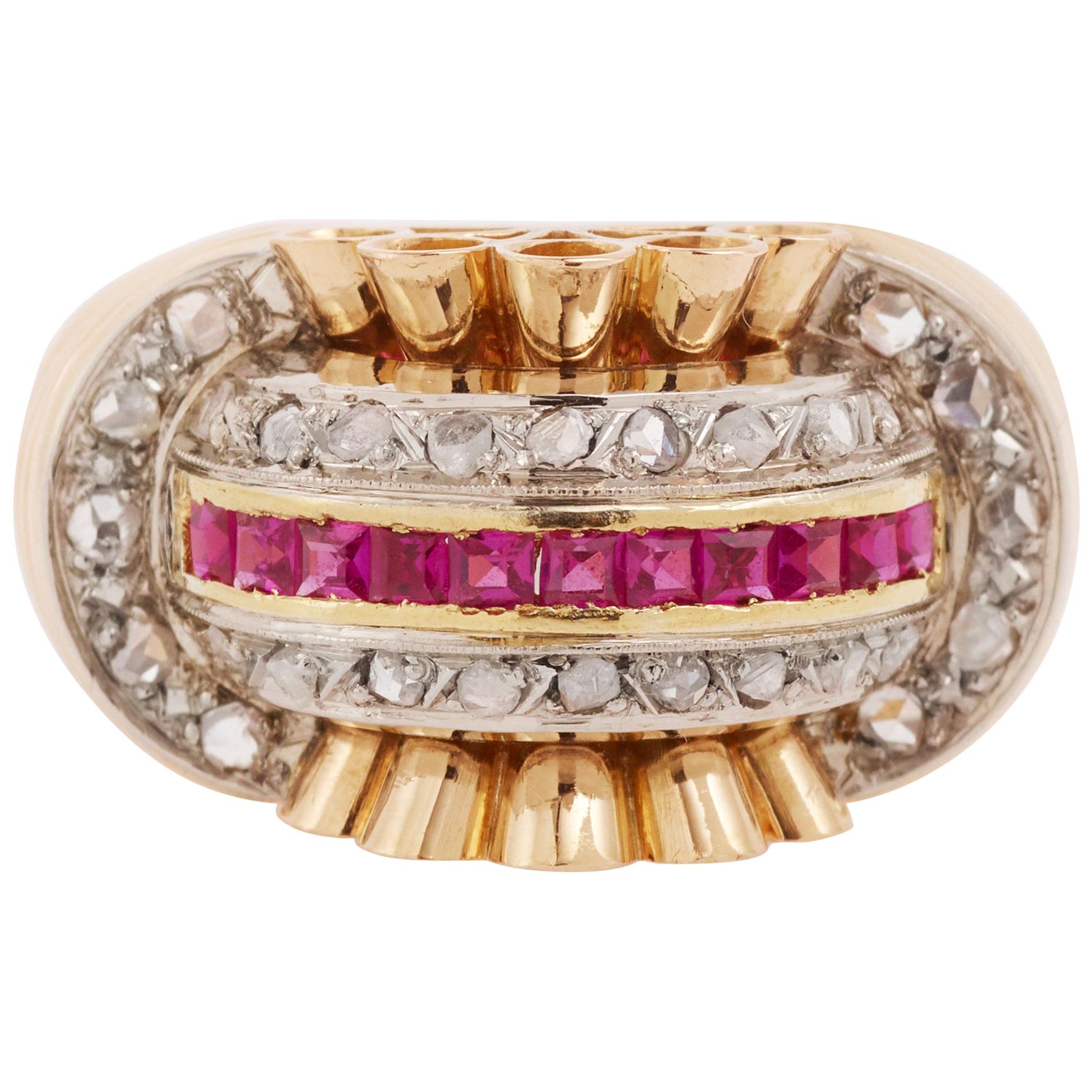 1940 Rubies Diamonds 18 Karat Rose Gold Platinum Bridge Tank Ring