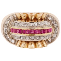 1940 Rubies Diamonds 18 Karat Rose Gold Platinum Bridge Tank Ring