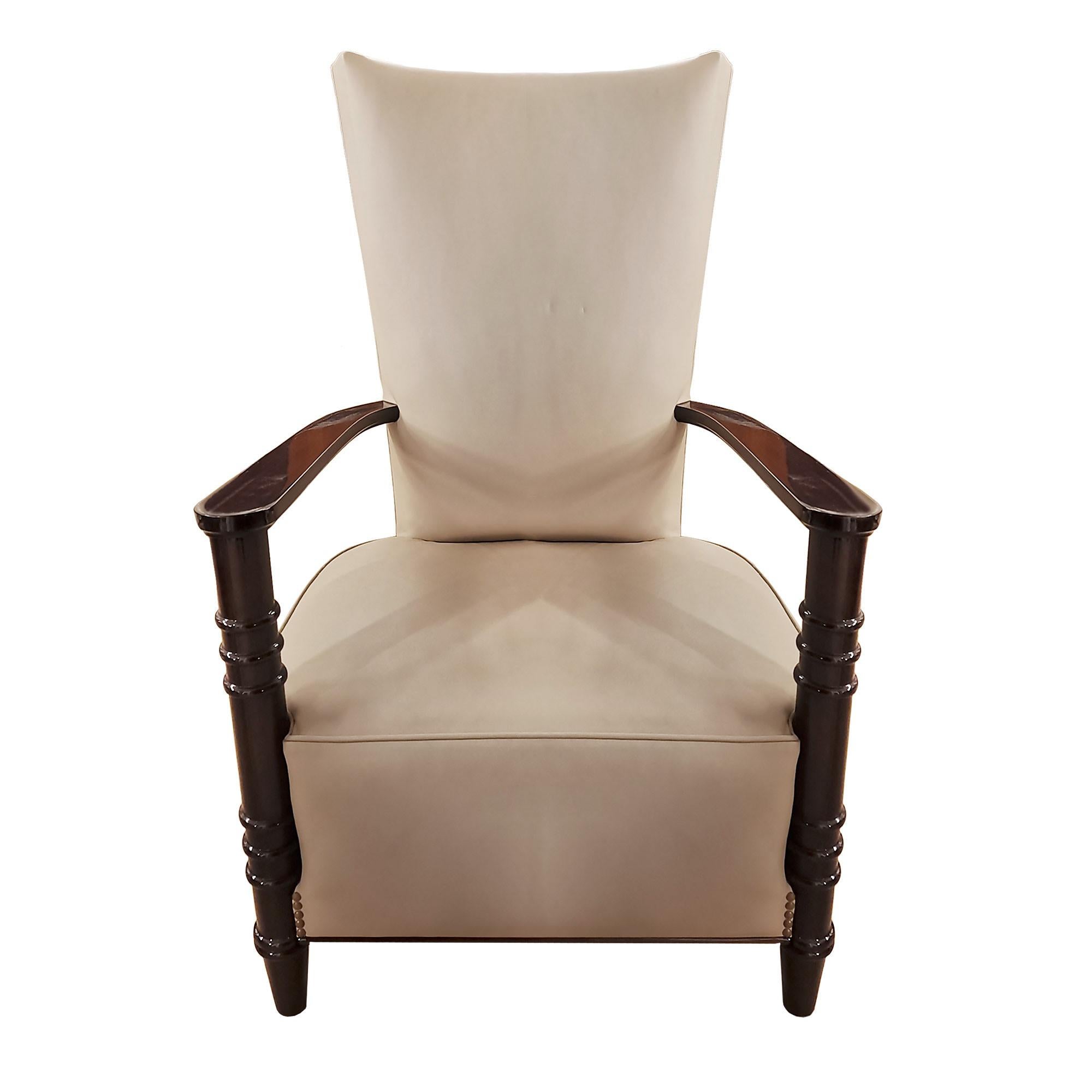 Elegant Art Deco style armchair with high back, French polished wood and beige-grey leather upholstery.

France, c. 1940.