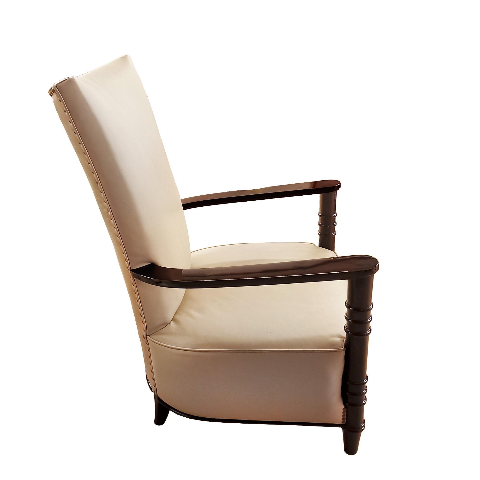 French 1940´s Art Deco Style Armchair With High Back, Leather, Wood - France For Sale